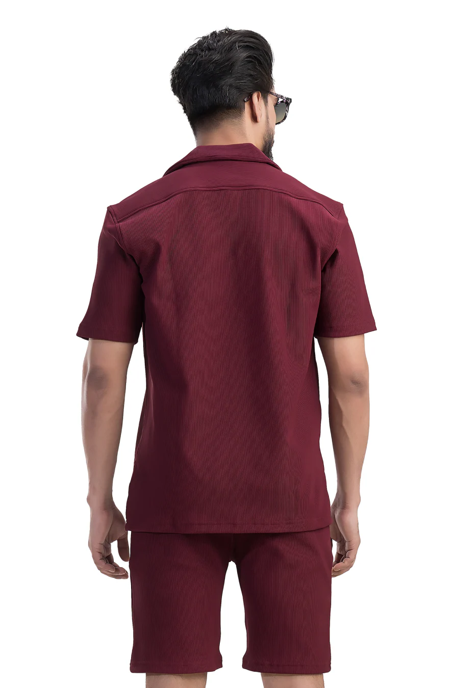 Cosmic Maroon Half Sleeves Shirt & Shorts Corduroy Co-Ord Set - Image 3