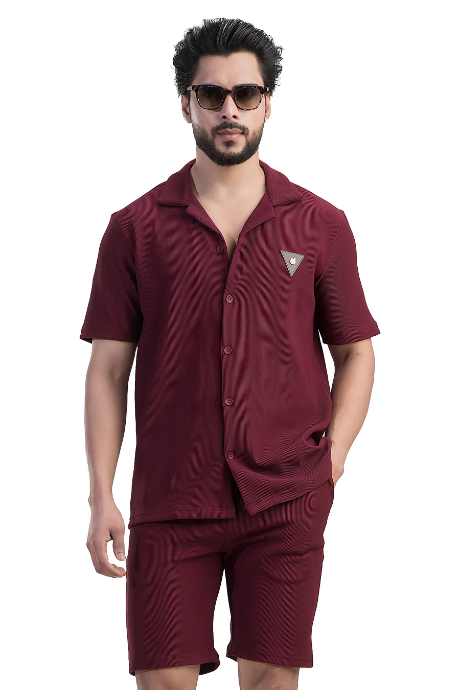 Cosmic Maroon Half Sleeves Shirt & Shorts Corduroy Co-Ord Set - Image 4