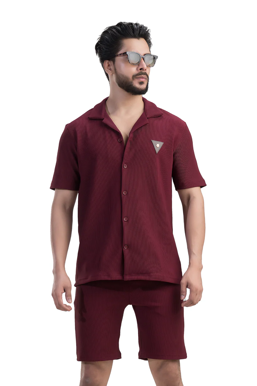 Cosmic Maroon Half Sleeves Shirt & Shorts Corduroy Co-Ord Set - Image 5