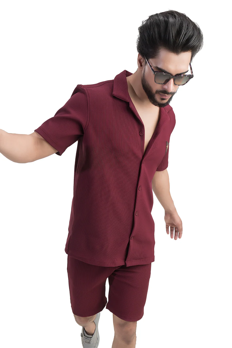 Cosmic Maroon Half Sleeves Shirt & Shorts Corduroy Co-Ord Set - Image 6