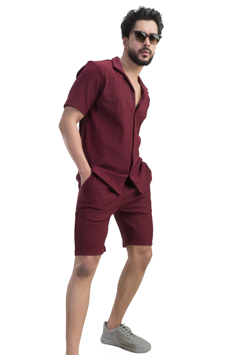 Cosmic Maroon Half Sleeves Shirt & Shorts Corduroy Co-Ord Set - Image 7