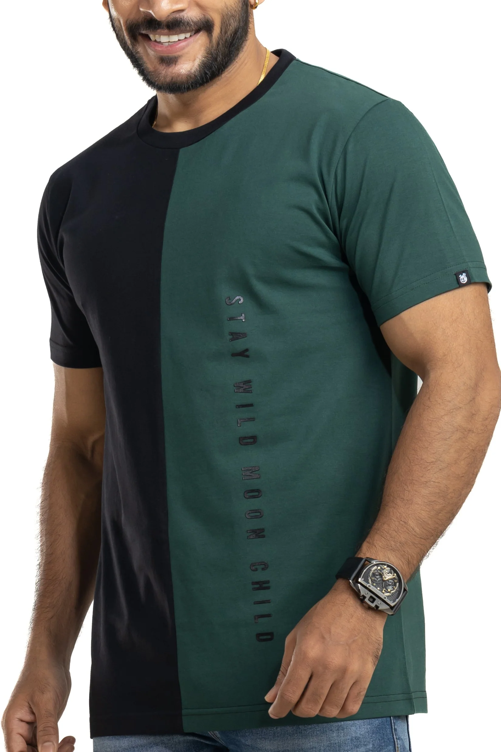 Stay Wild Black & Bottlegreen Printed T-Shirt - Image 3