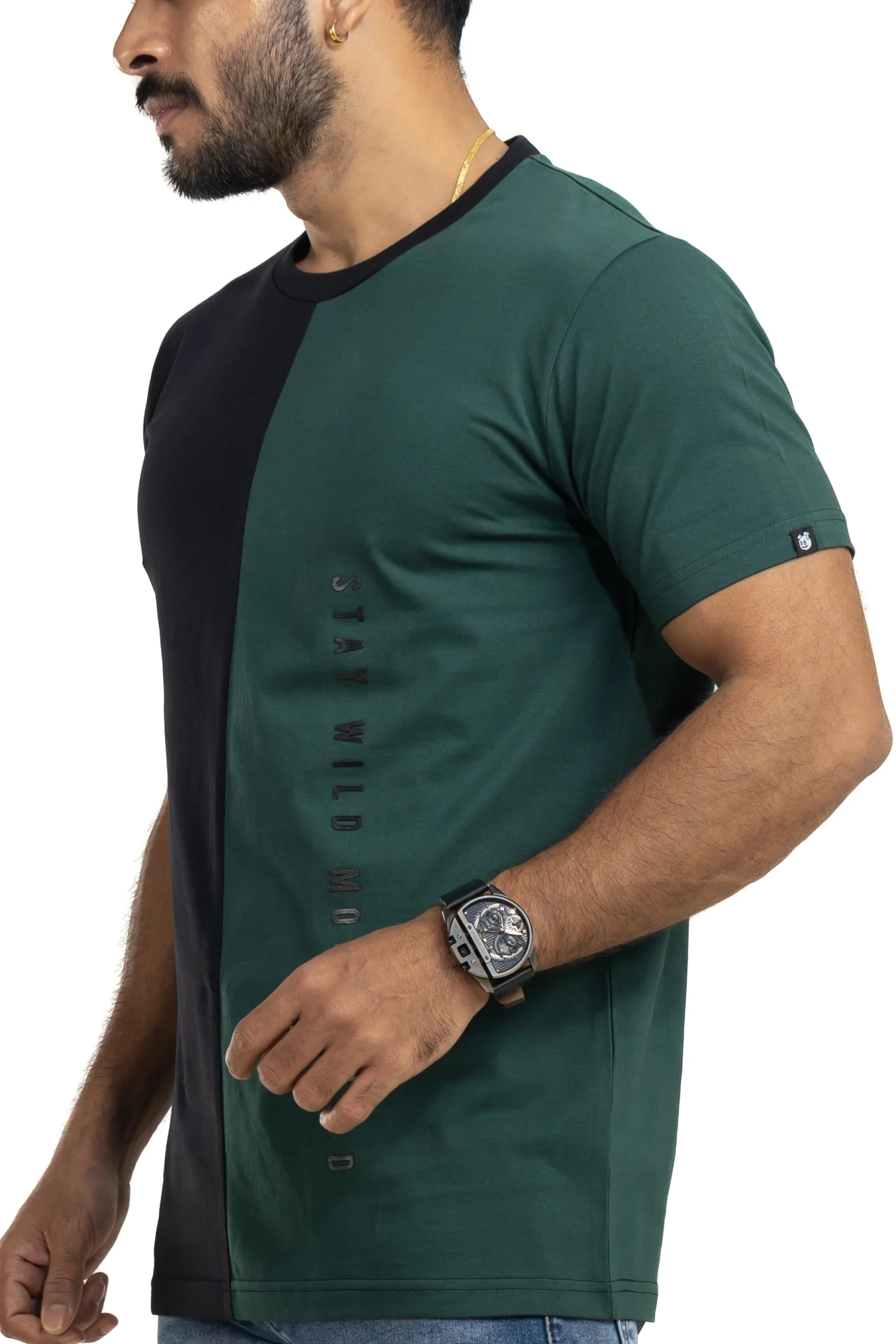 Stay Wild Black & Bottlegreen Printed T-Shirt - Image 6