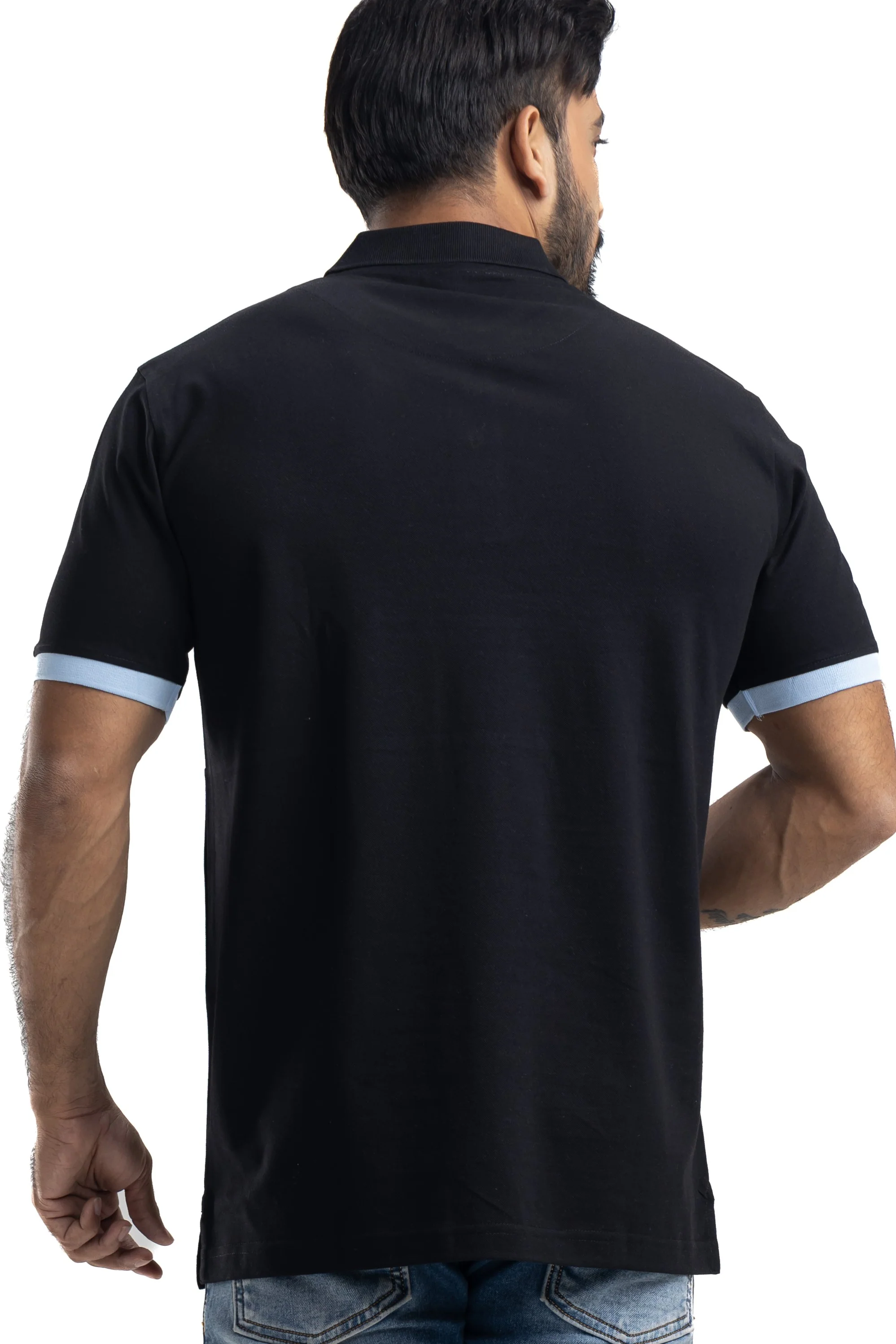 Cut & Sew Black Half Sleeves Cotton Polo T-Shirt - Image 3