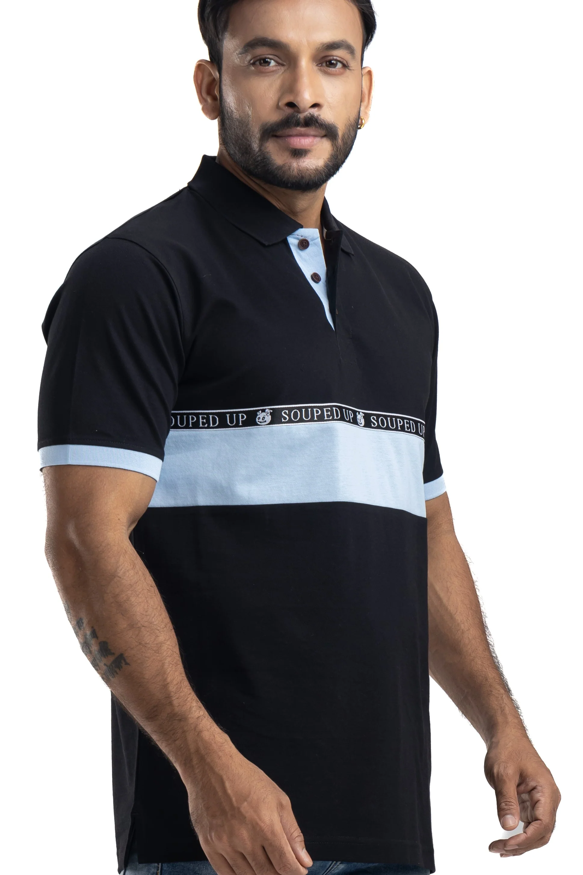 Cut & Sew Black Half Sleeves Cotton Polo T-Shirt - Image 4