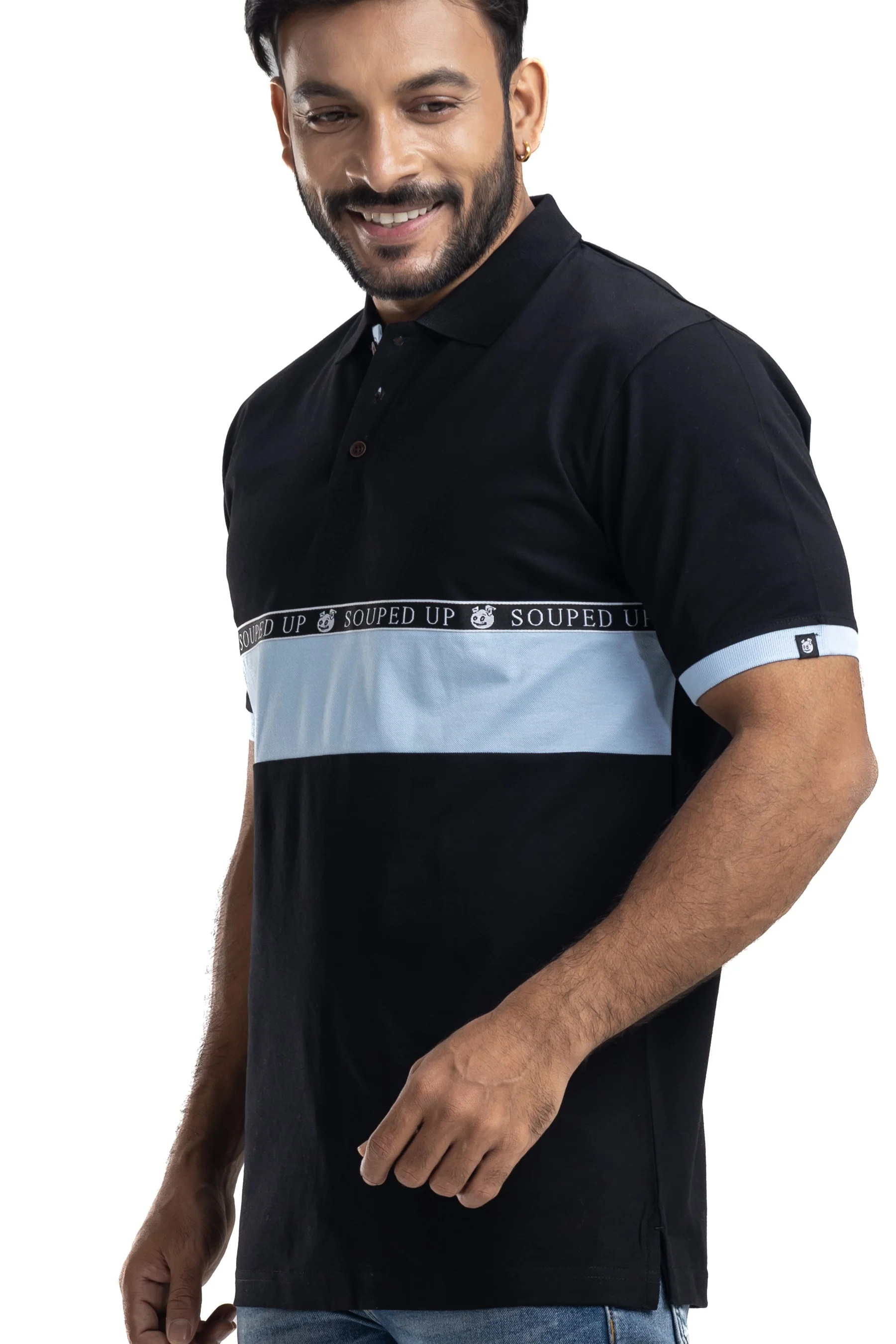 Cut & Sew Black Half Sleeves Cotton Polo T-Shirt - Image 5