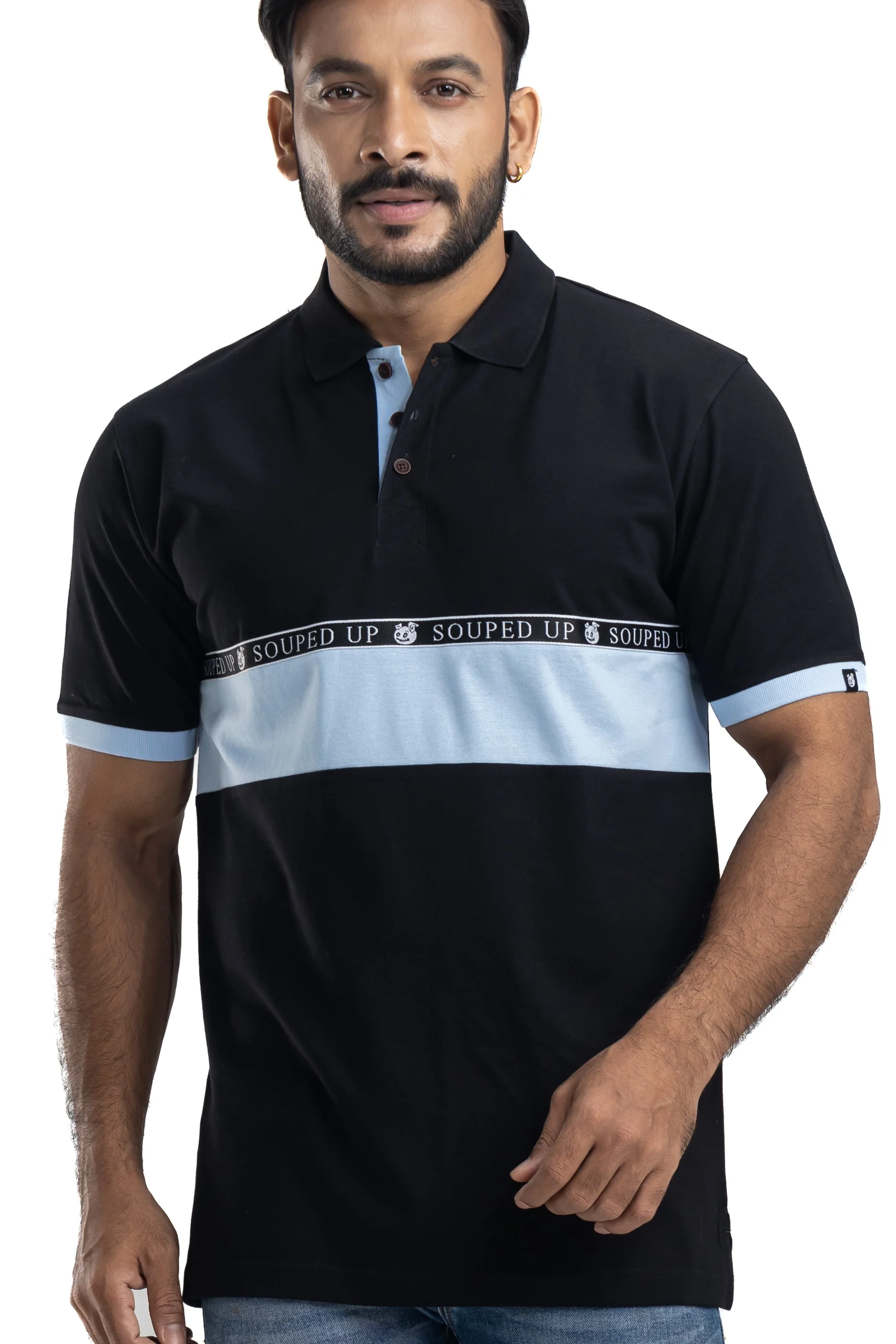 Cut & Sew Black Half Sleeves Cotton Polo T-Shirt - Image 6