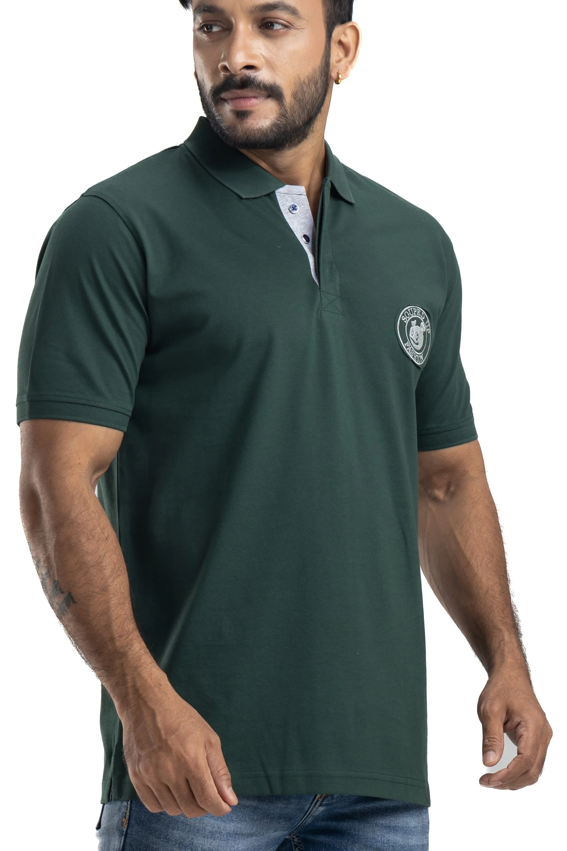 Distinct Solid Bottlegreen Half Sleeves Cotton Polo T-Shirt - Image 3