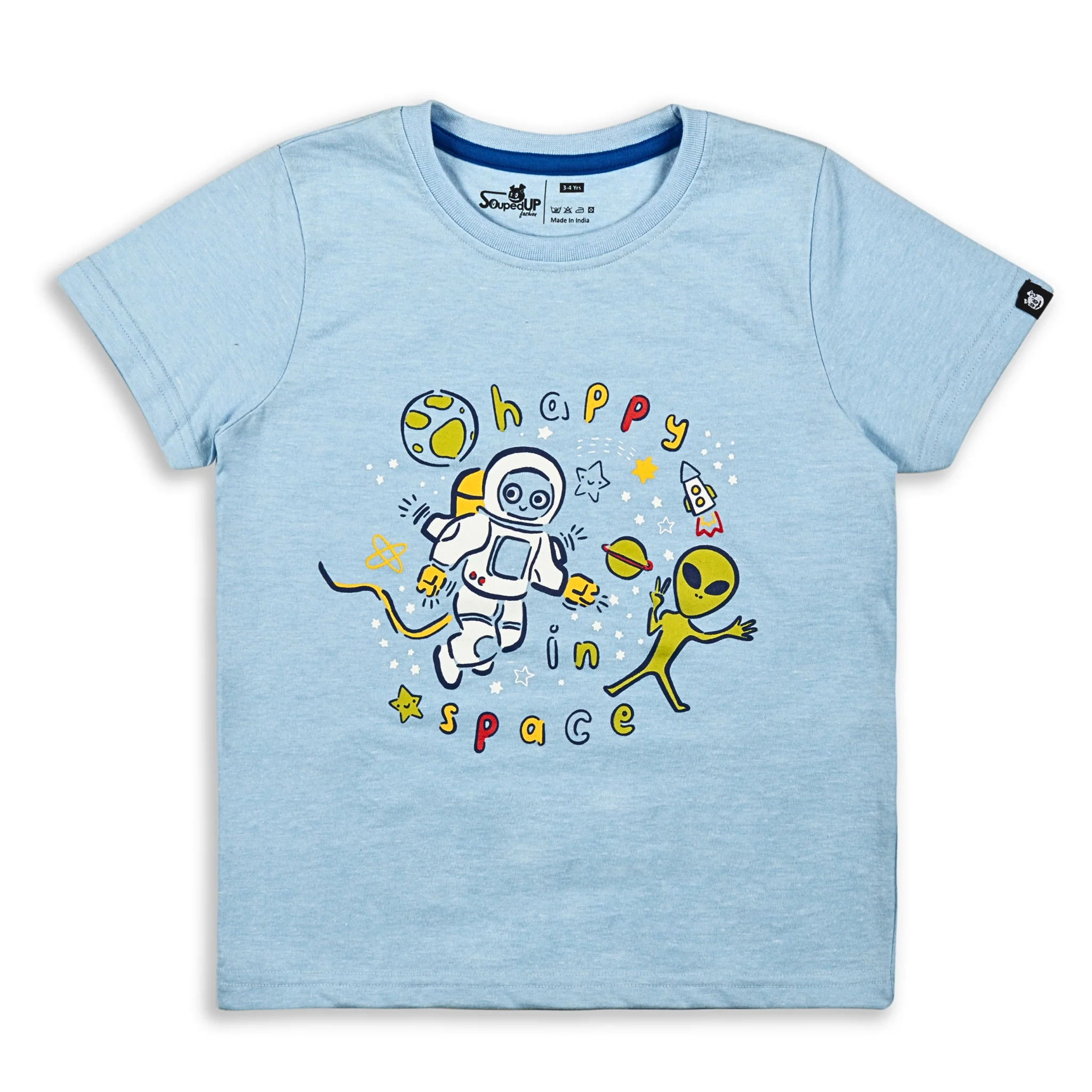 Happy Space Sky Blue Printed Boys T-Shirt with Royal Blue Shorts 2-8 Yrs - Image 3
