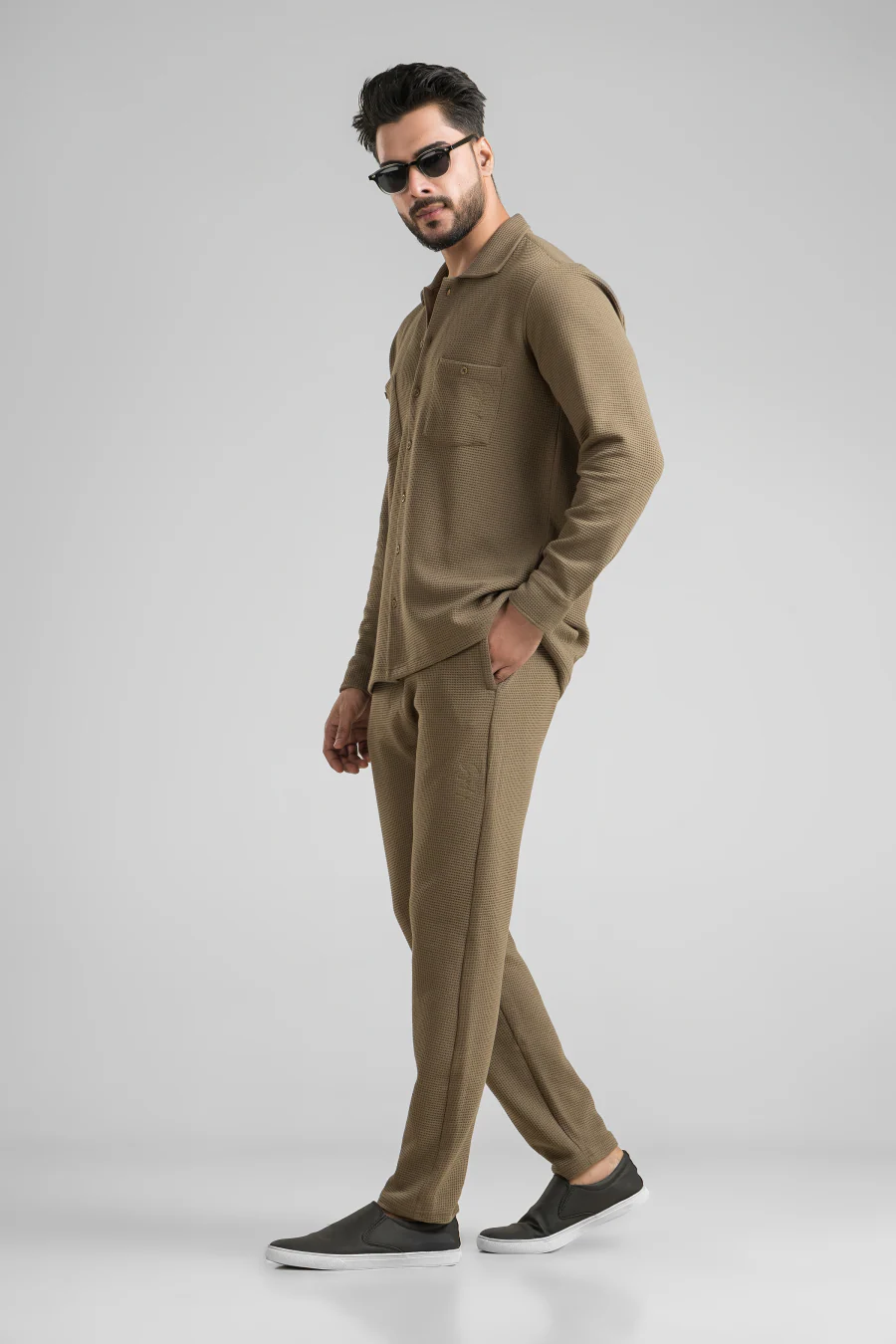 Haven Dark Olive Full Sleeves Waffle Knit Shacket - Image 4