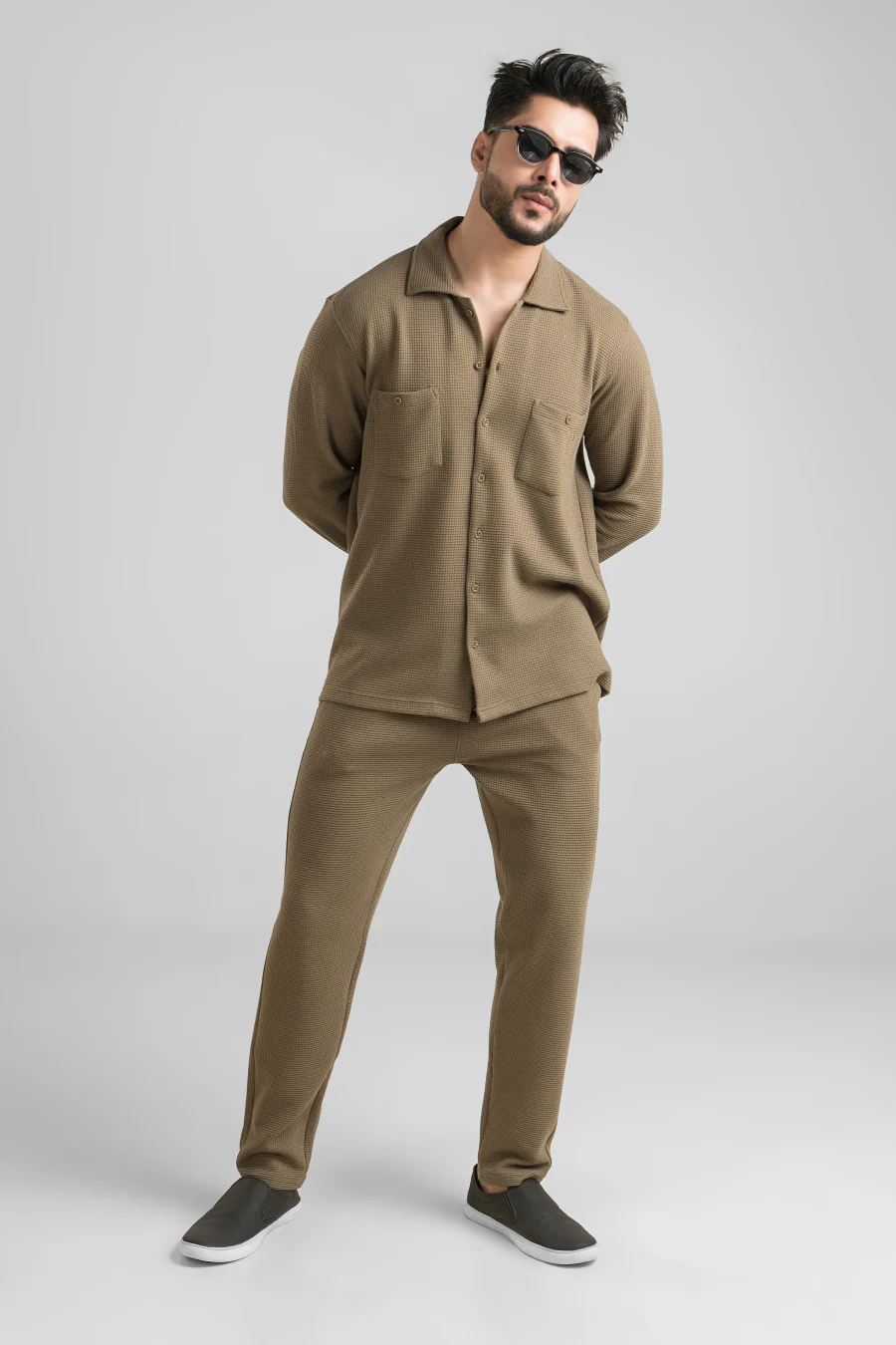 Haven Dark Olive Full Sleeves Waffle Knit Shacket - Image 5