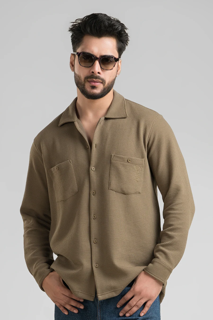 Haven Dark Olive Full Sleeves Waffle Knit Shacket - Image 6