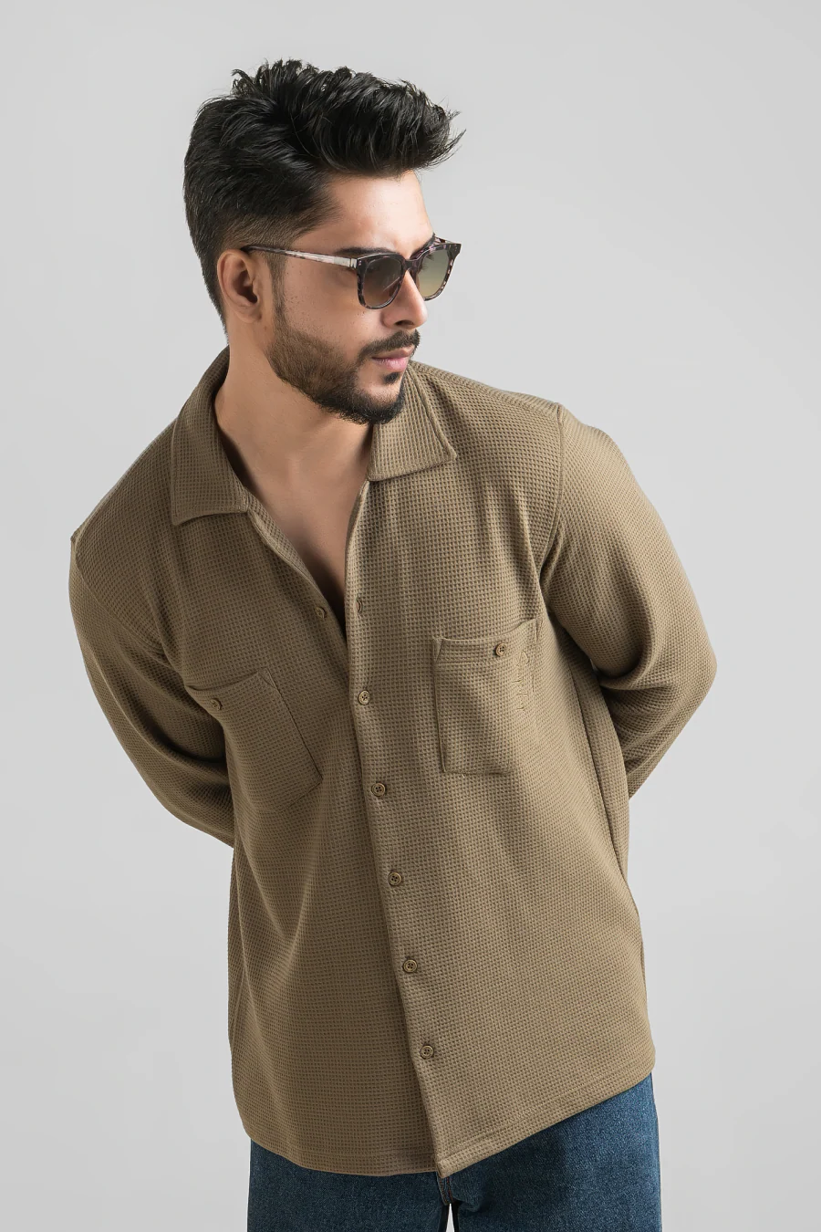 Haven Dark Olive Full Sleeves Waffle Knit Shacket - Image 7