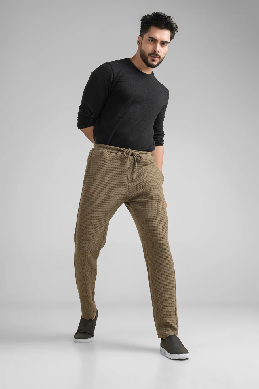 Haven Dark Olive Waffle Knit Regular Fit Pants - Image 5
