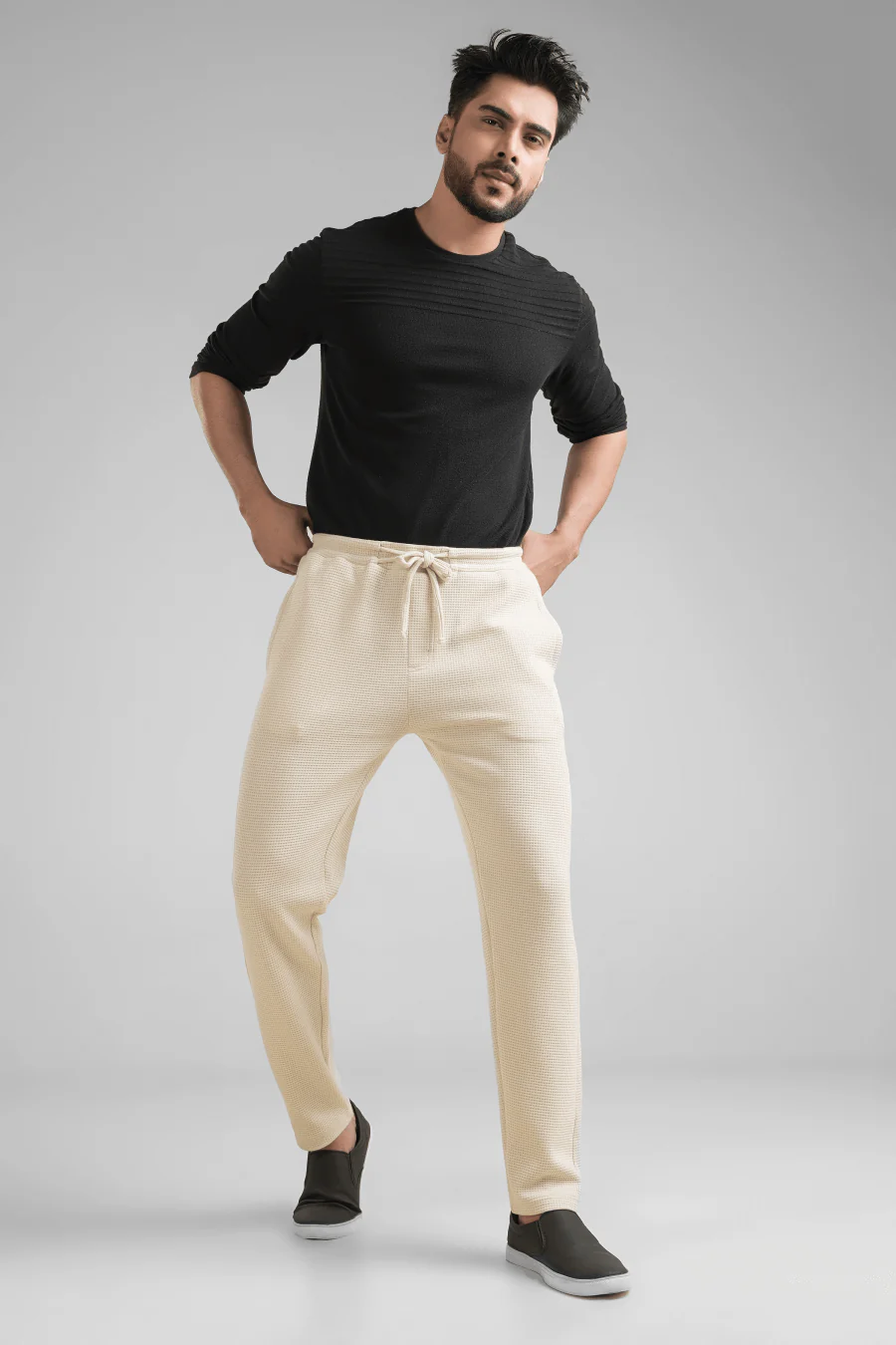 Haven Light Beige Waffle Knit Regular Fit Pants - Image 5