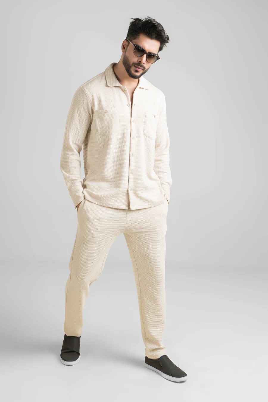 Haven Light Beige Full Sleeves Waffle Knit Shacket - Image 5