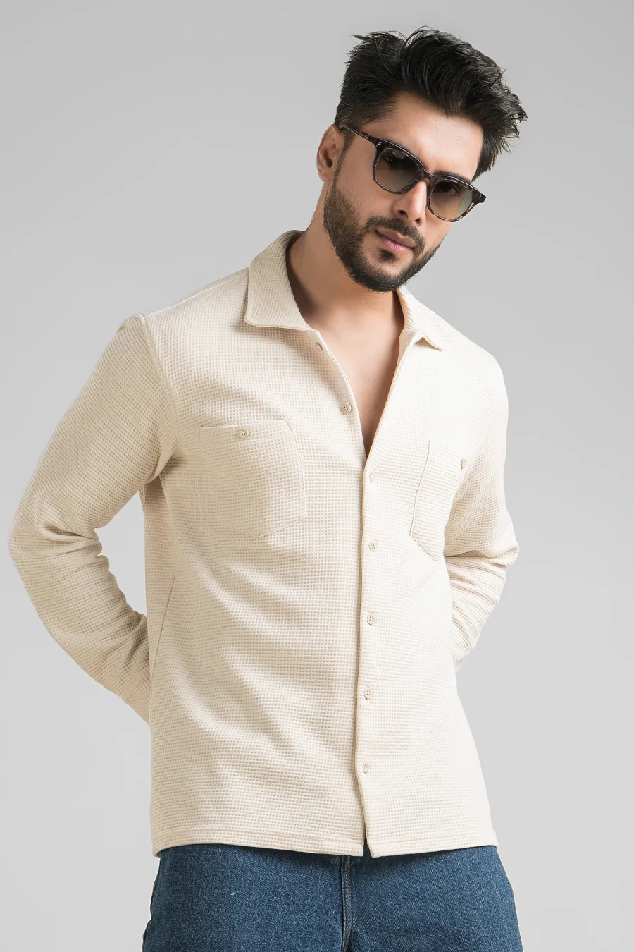 Haven Light Beige Full Sleeves Waffle Knit Shacket - Image 6