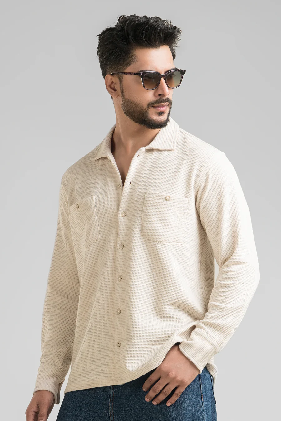 Haven Light Beige Full Sleeves Waffle Knit Shacket - Image 7