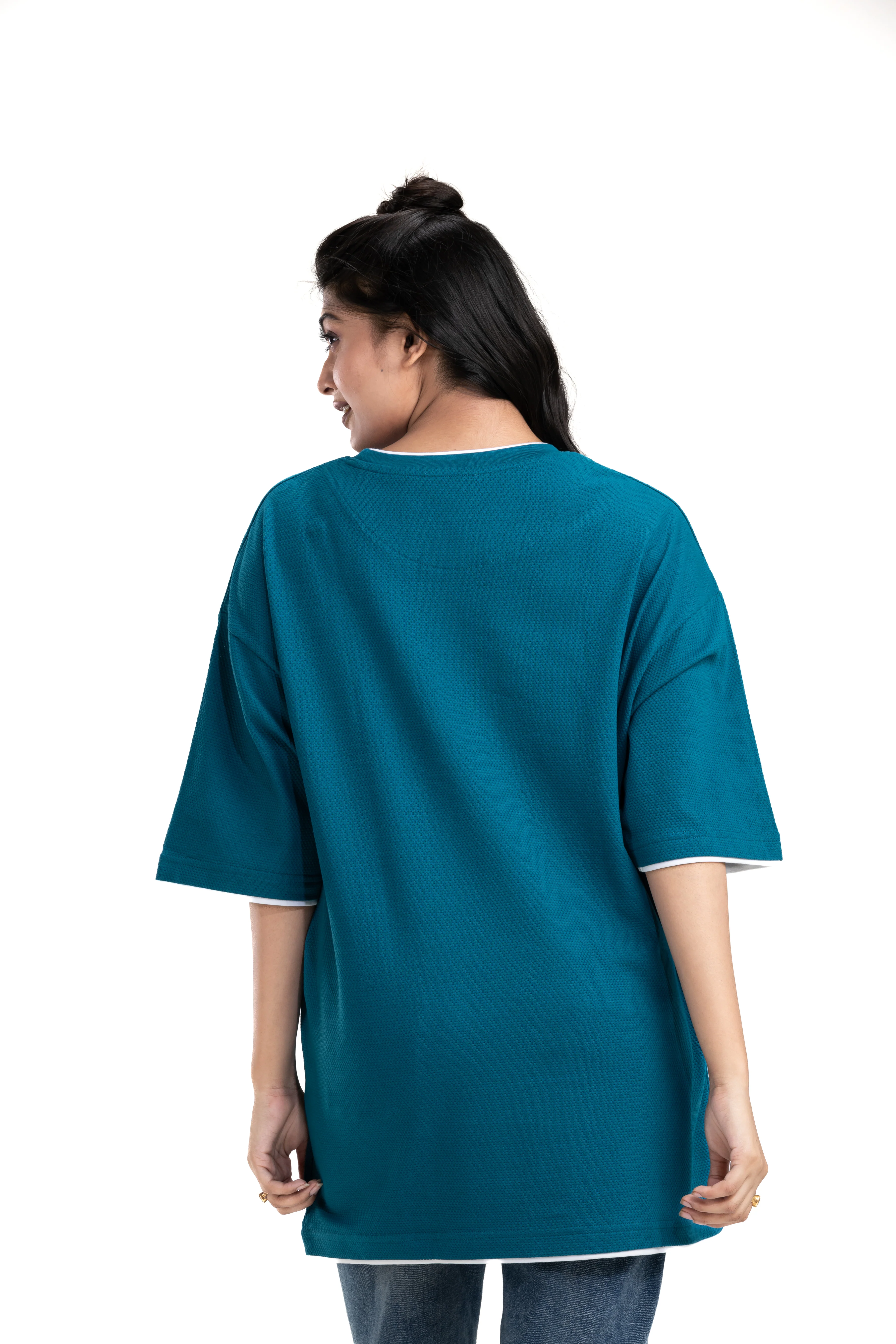 Honeycomb Structured Blue Unisex Oversized Printed T-Shirt - Image 3