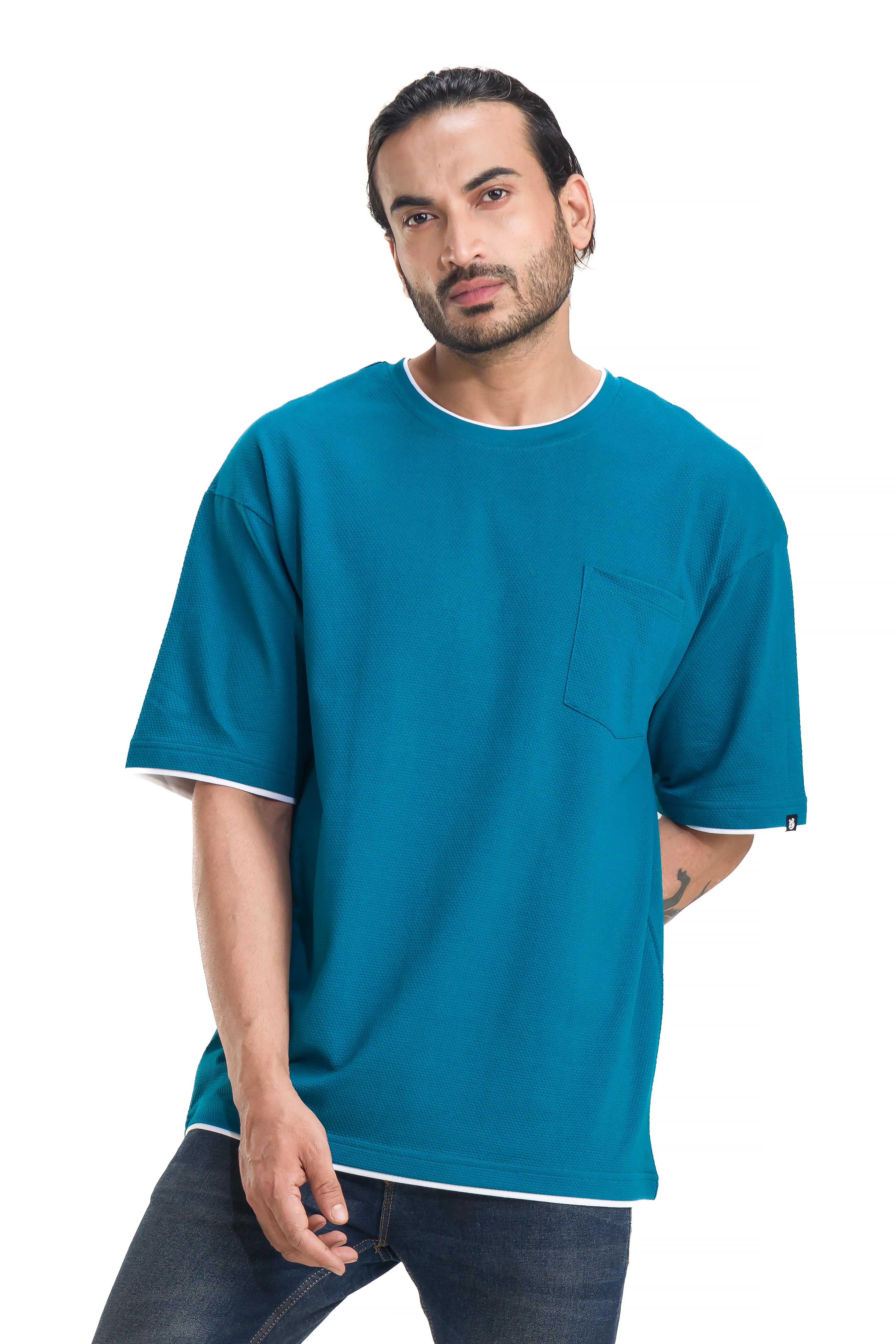 Honeycomb Structured Blue Unisex Oversized Printed T-Shirt - Image 5