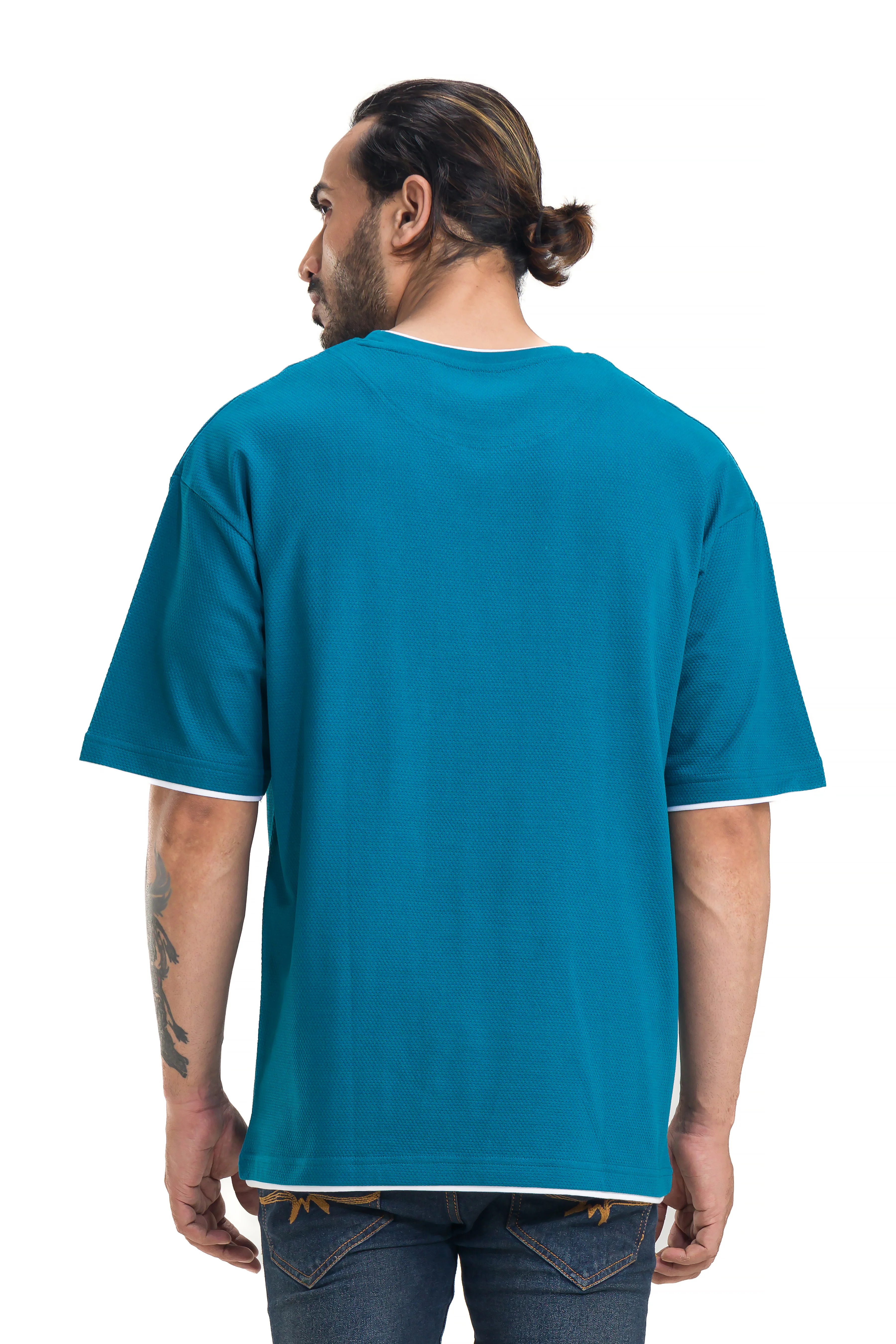 Honeycomb Structured Blue Unisex Oversized Printed T-Shirt - Image 7