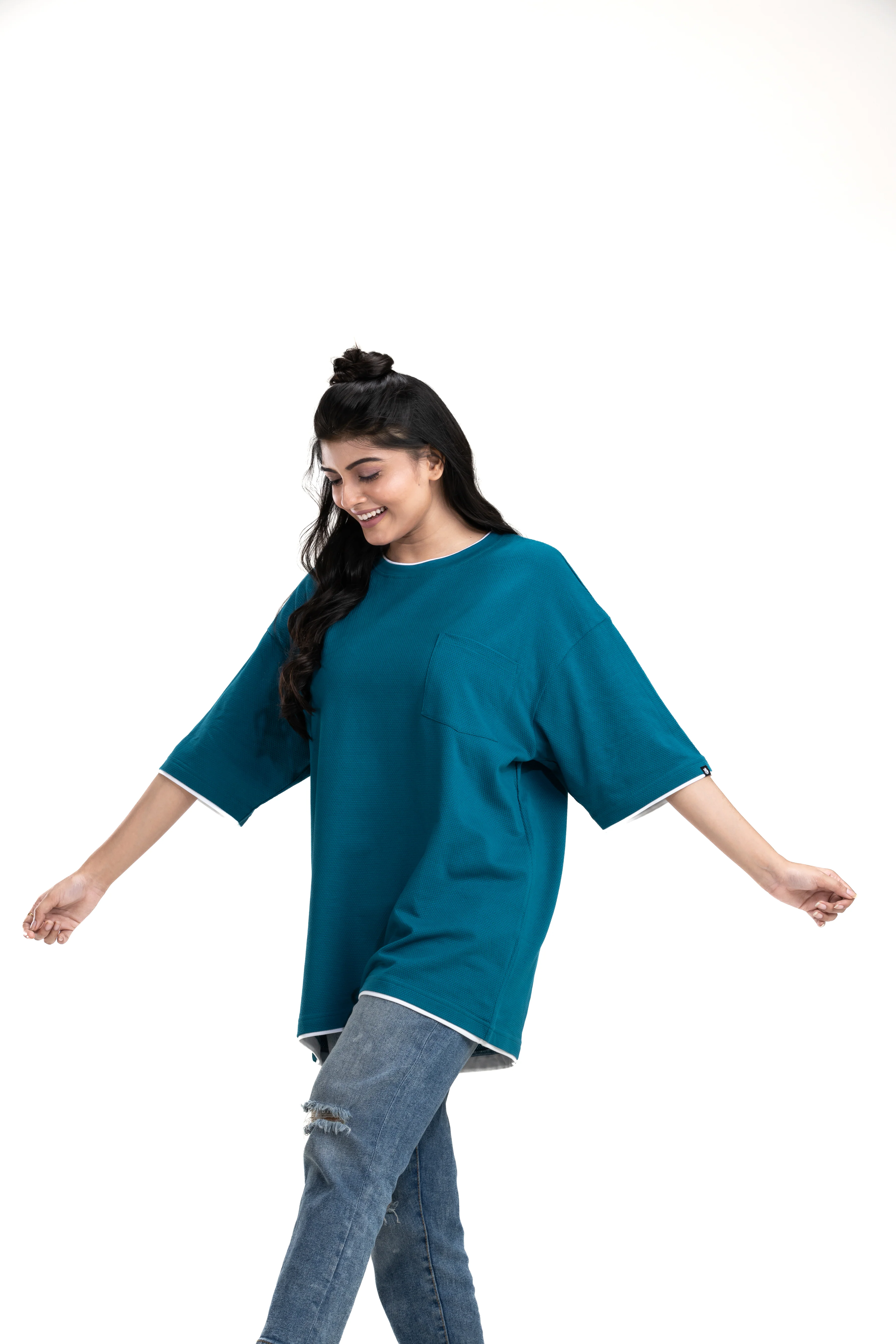 Honeycomb Structured Blue Unisex Oversized Printed T-Shirt - Image 8