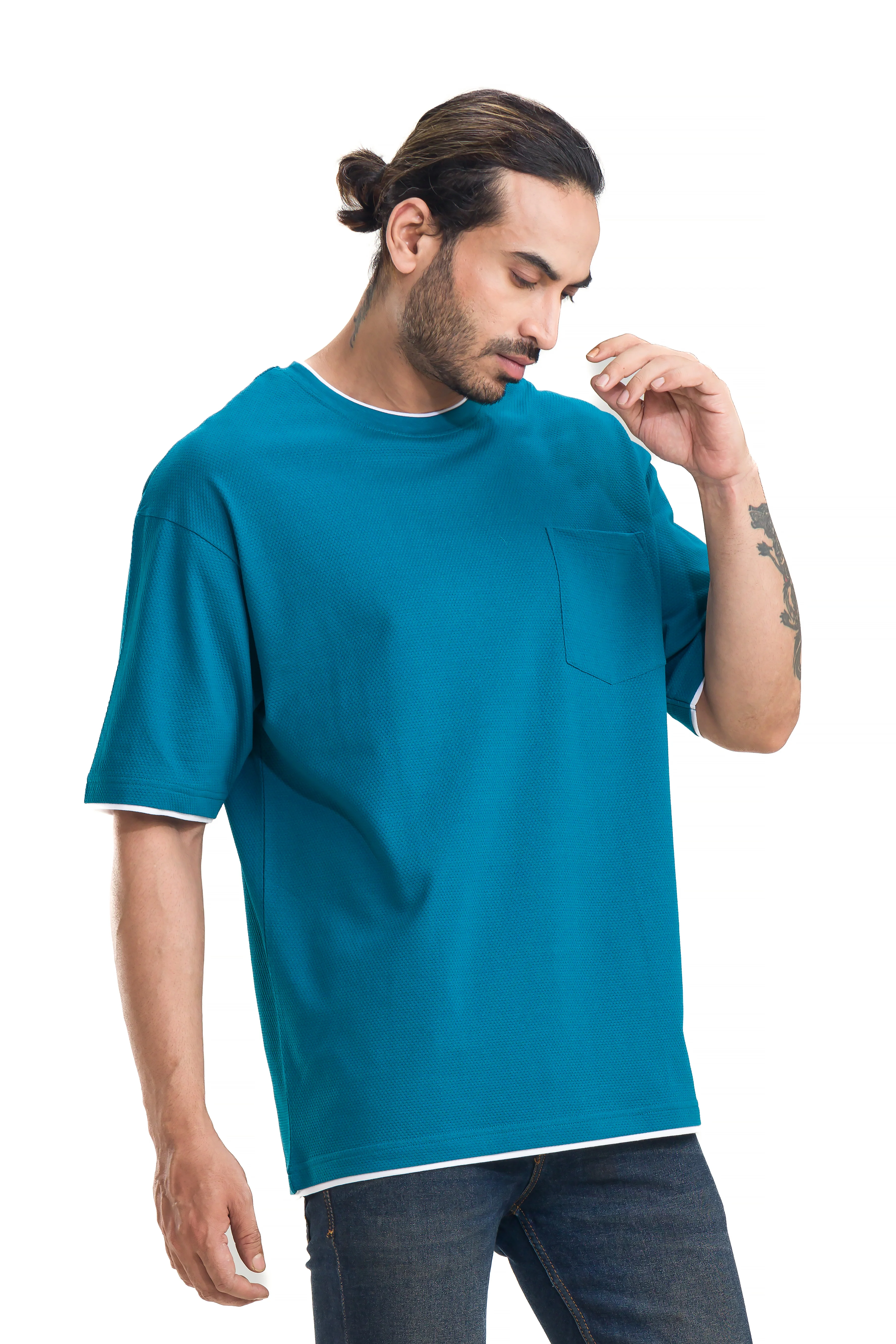 Honeycomb Structured Blue Unisex Oversized Printed T-Shirt - Image 9