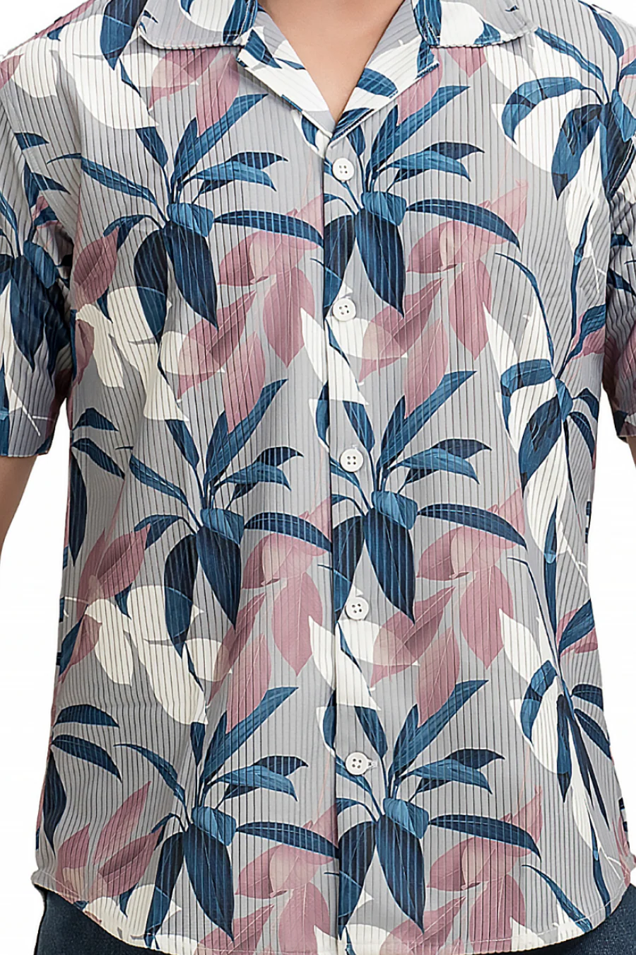 Nova Grey Floral Printed Corduroy Cuban Collar Half Sleeves Shirt - Image 6
