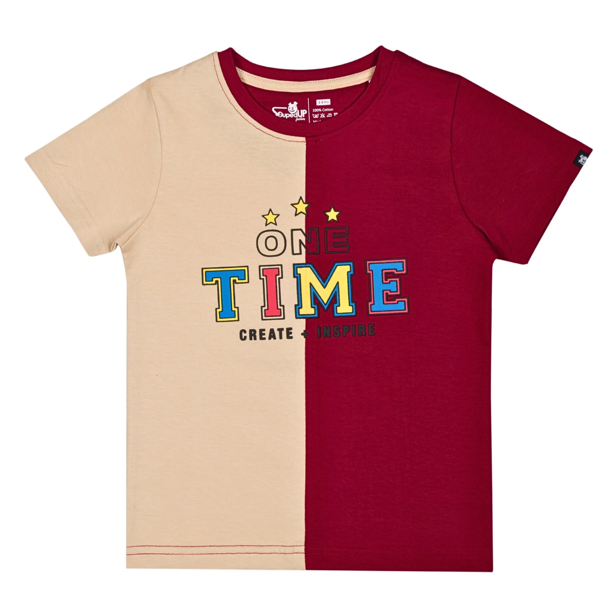One Time Maroon & Beige Printed Boys T-Shirt with Shorts 2-8 Yrs - Image 3
