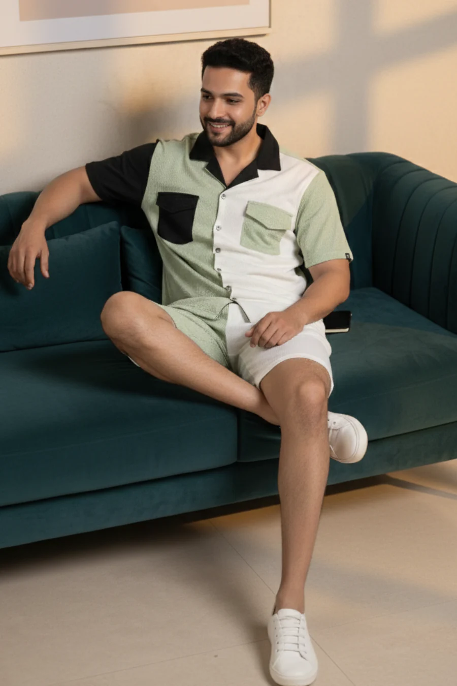 Sienna Dual-Tone Half Shirt & Shorts Mint Green & White Co-Ord Set - Image 3