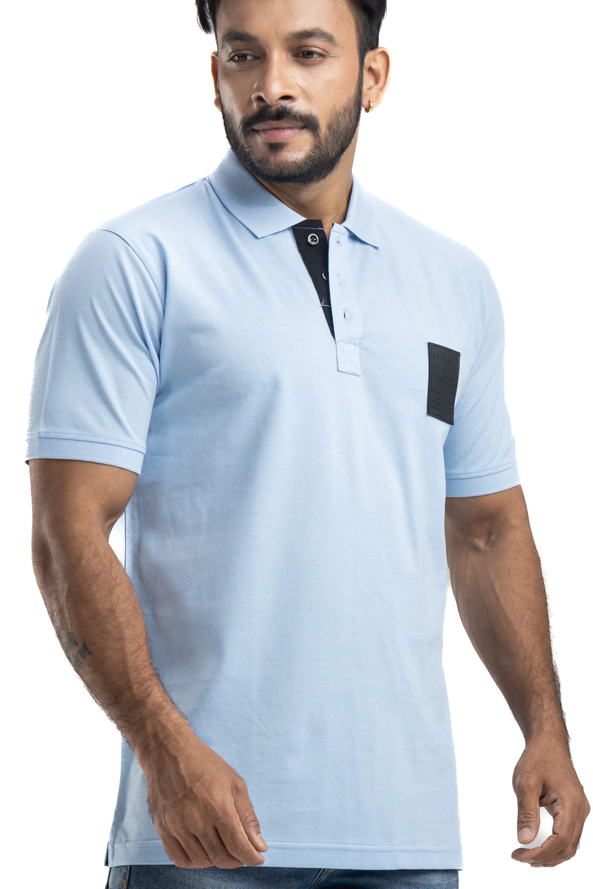 Sleek Solid Sky Blue Half Sleeves Cotton Polo T-Shirt - Image 5