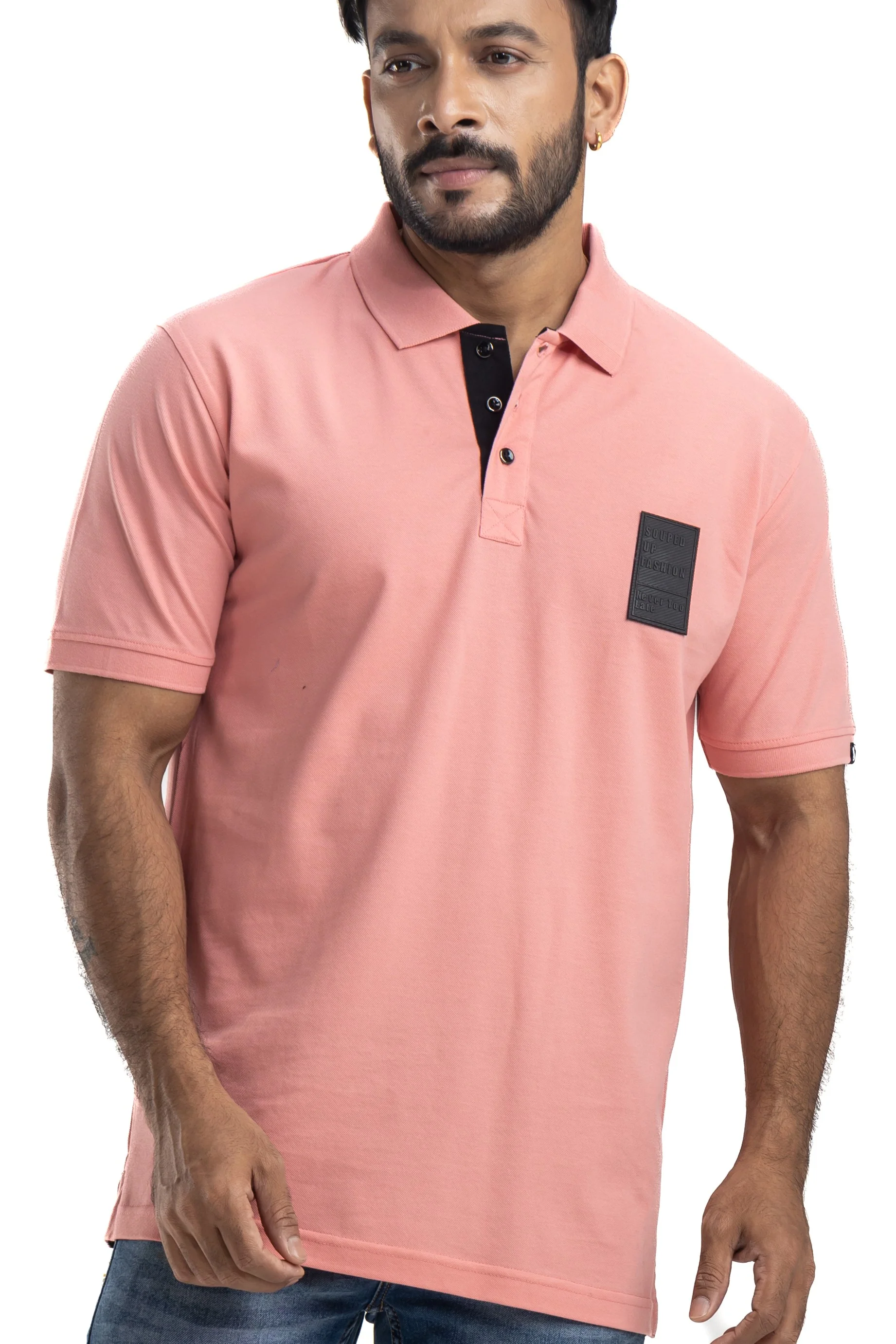 Sleek Solid Peach Half Sleeves Cotton Polo T-Shirt - Image 3