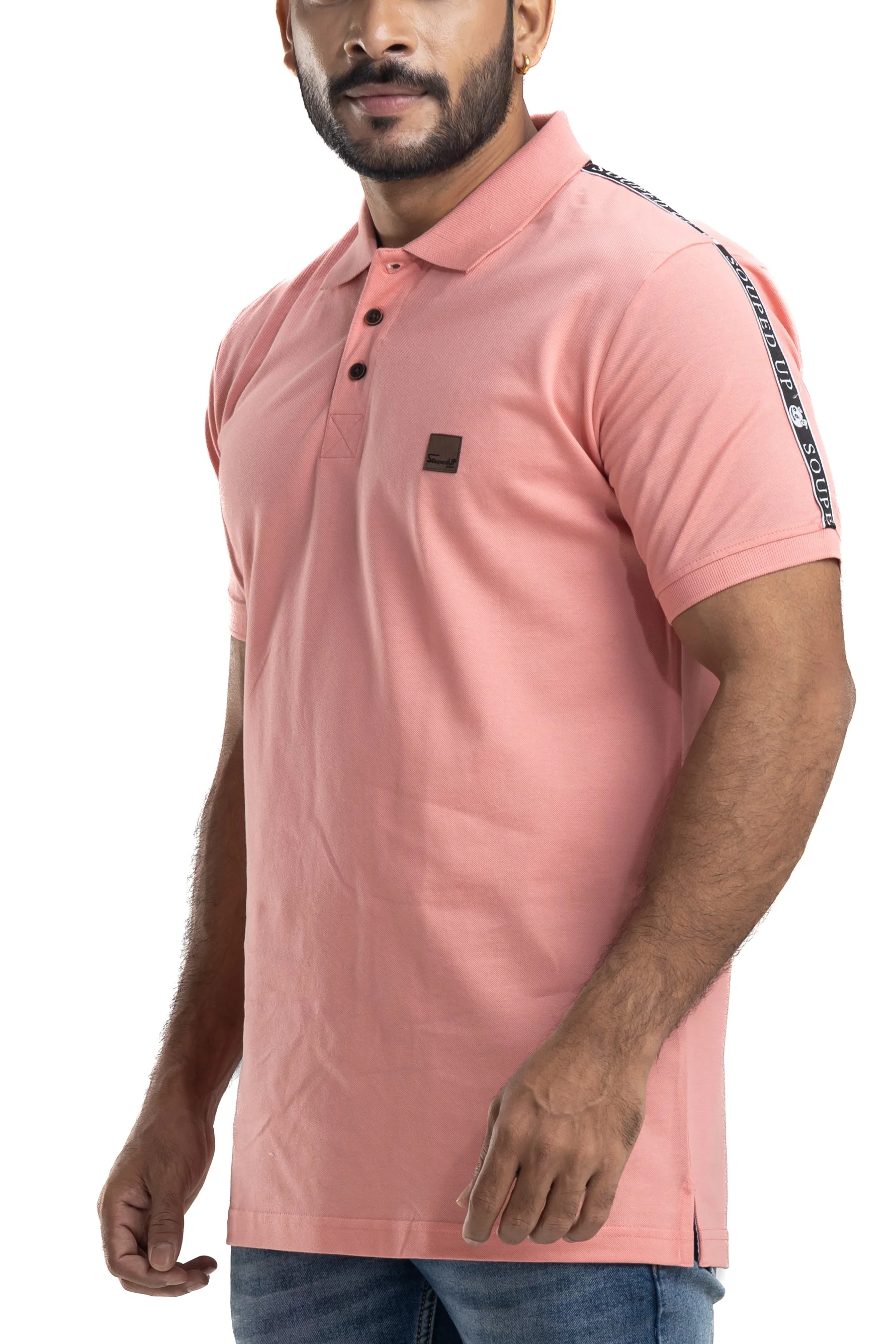 Solid Peach Half Sleeves Cotton Polo T-Shirt - Image 3