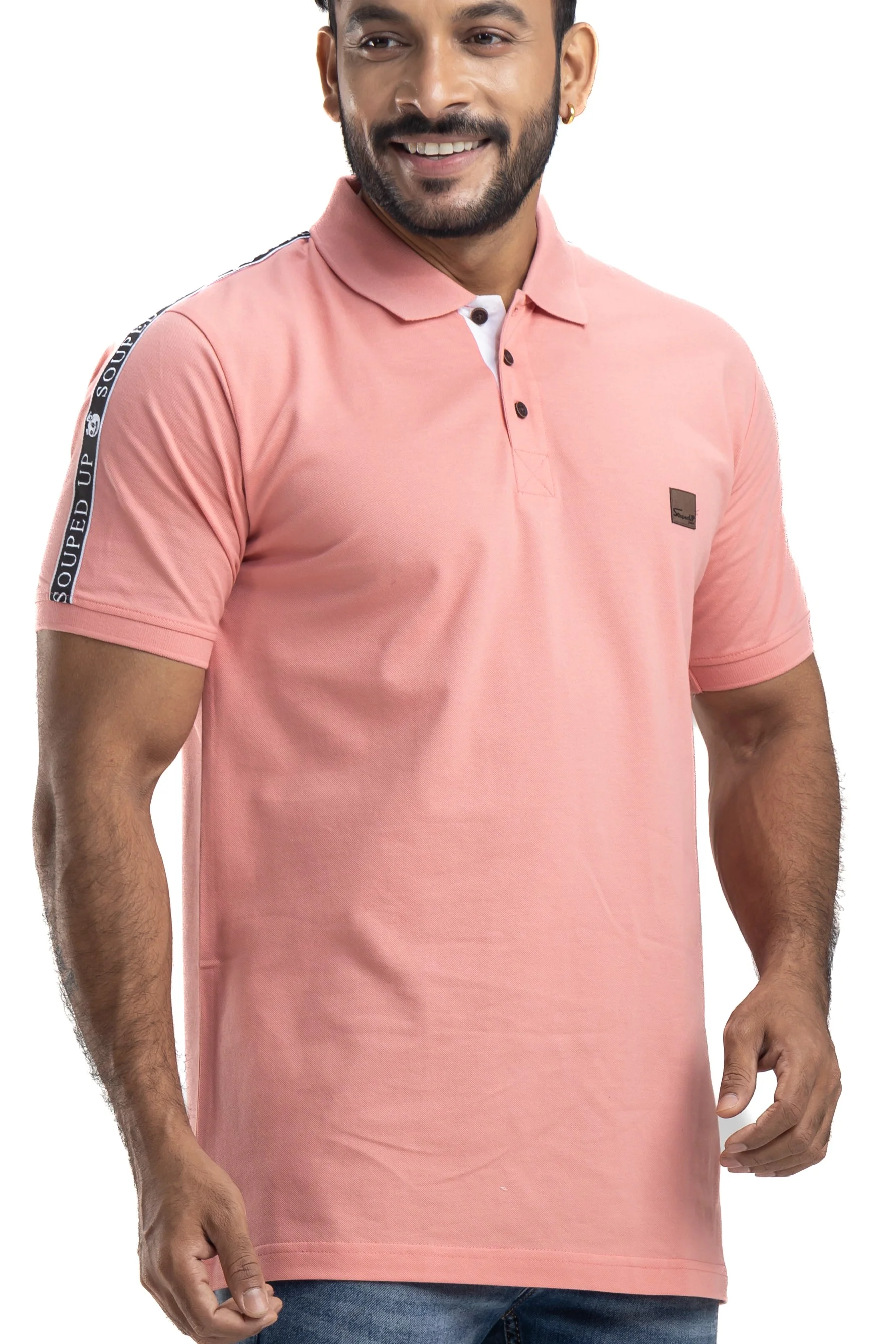 Solid Peach Half Sleeves Cotton Polo T-Shirt - Image 6