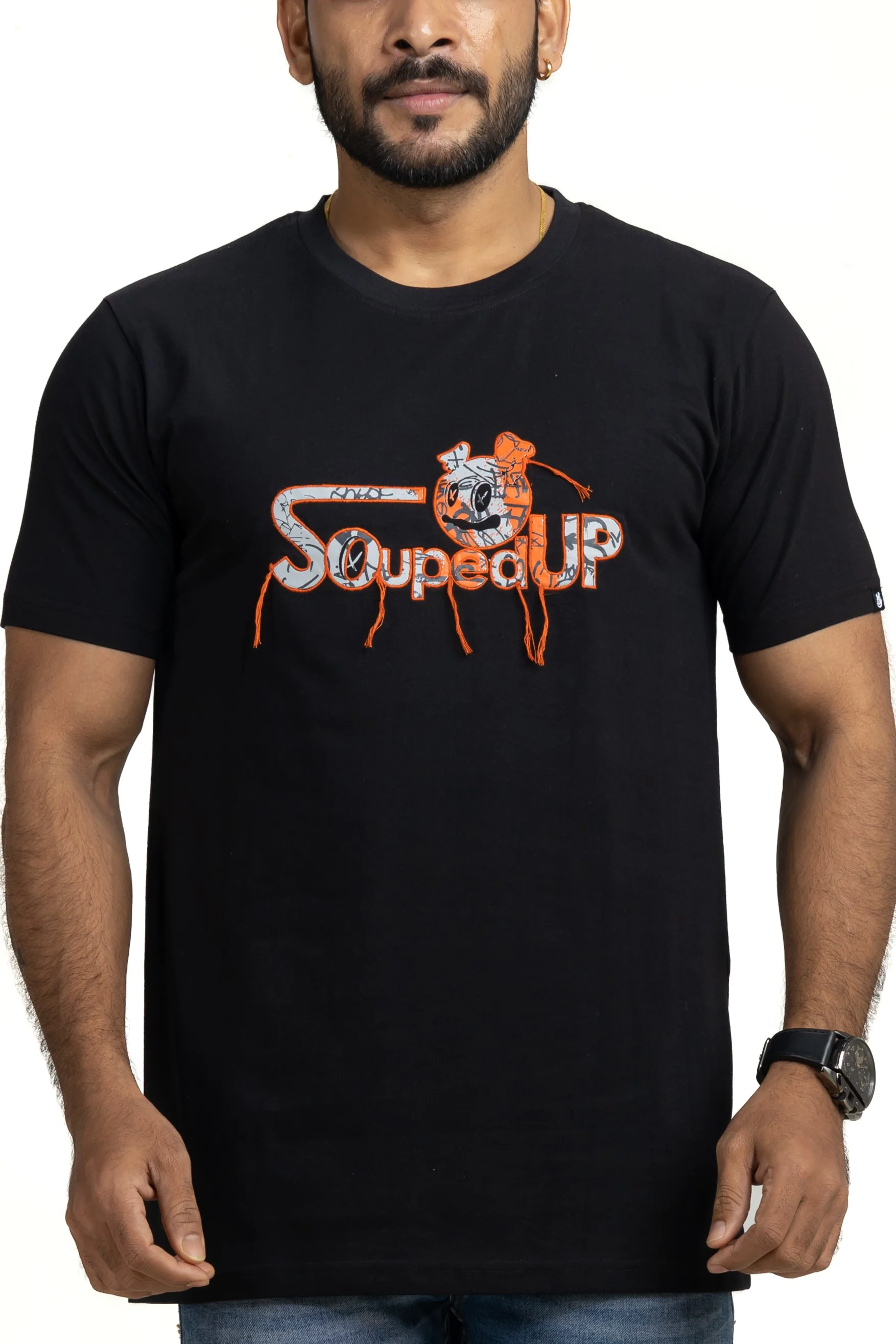 Souped Up Jet Black Printed & Embroidered T-Shirt - Image 4