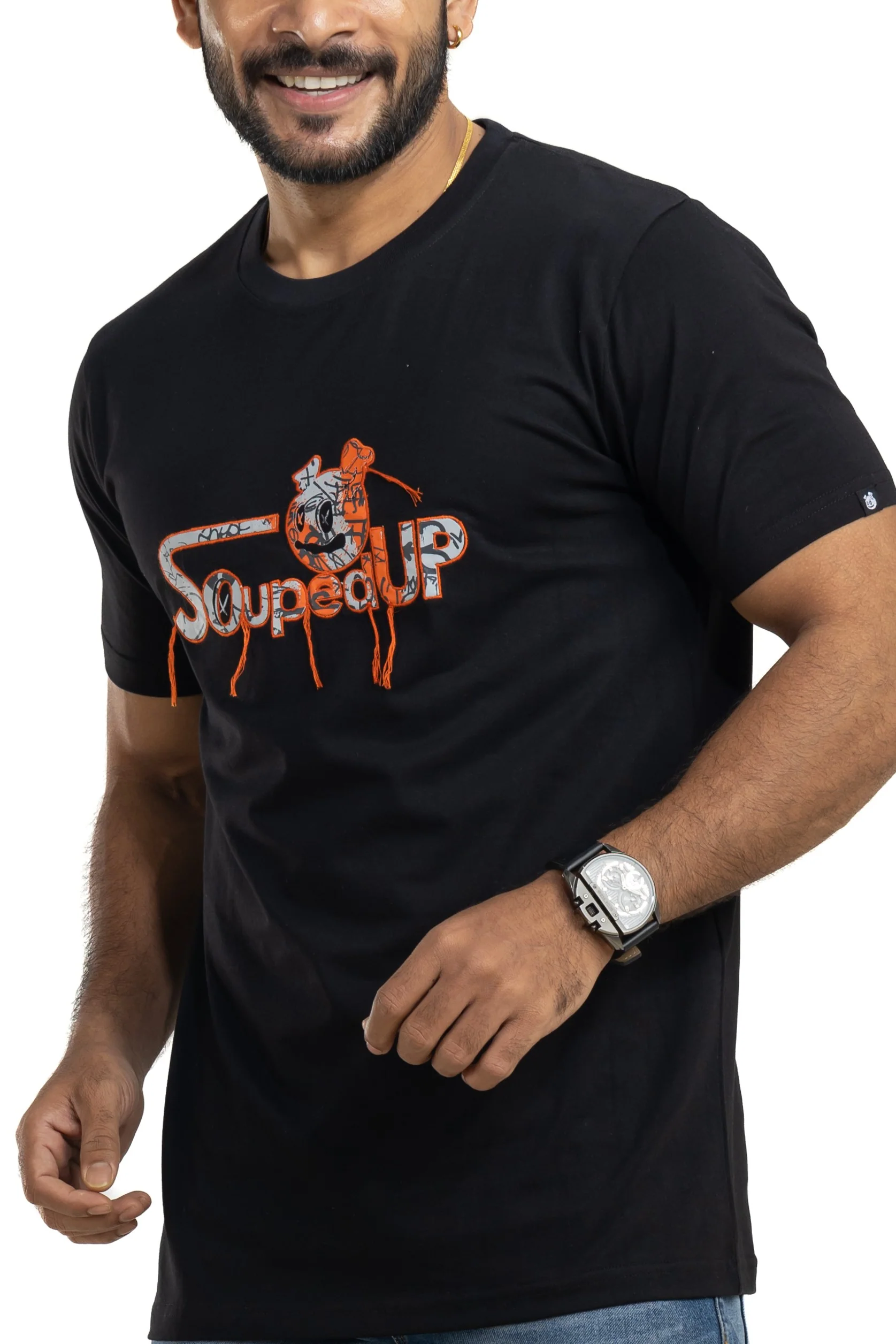Souped Up Jet Black Printed & Embroidered T-Shirt - Image 5