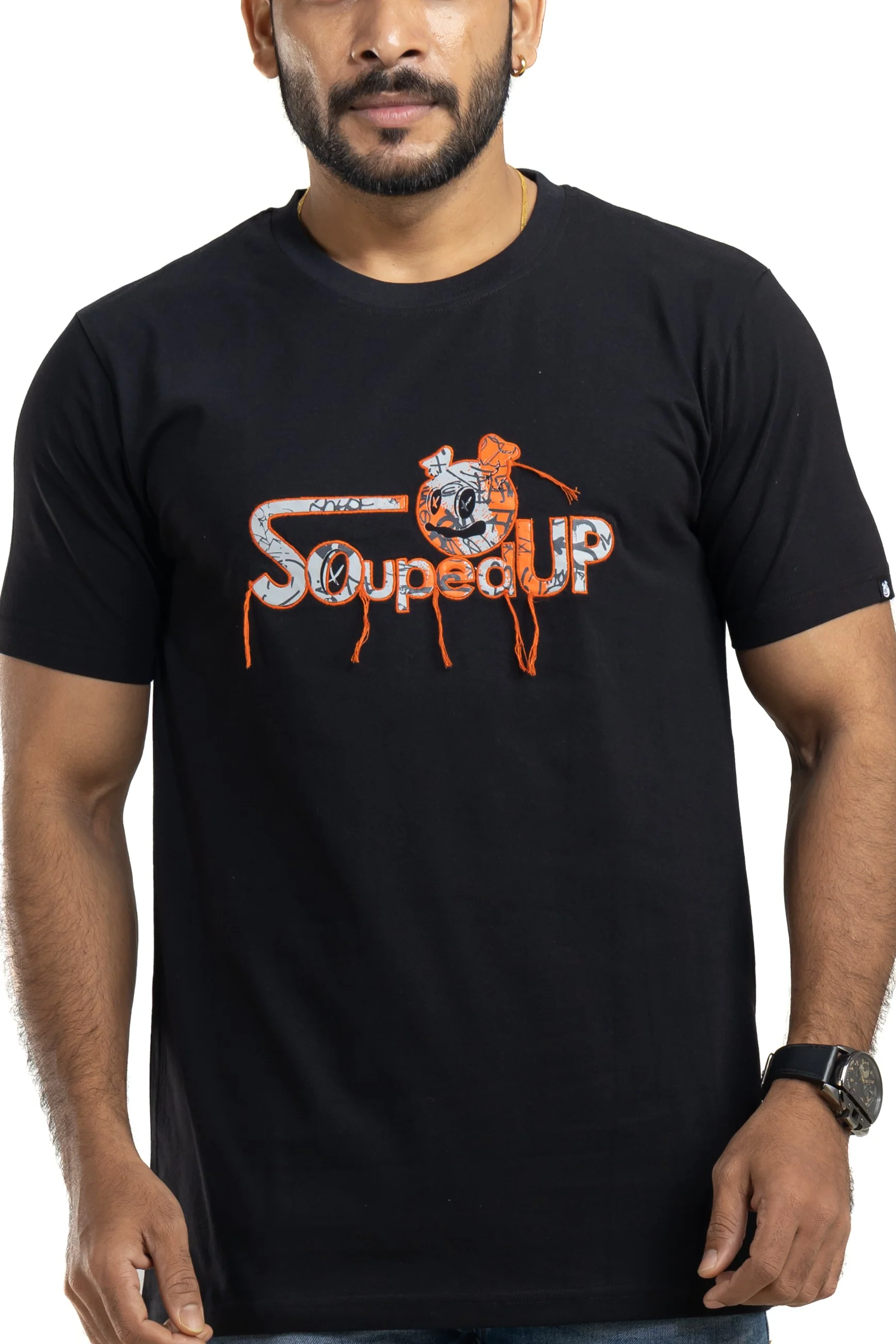 Souped Up Jet Black Printed & Embroidered T-Shirt - Image 6