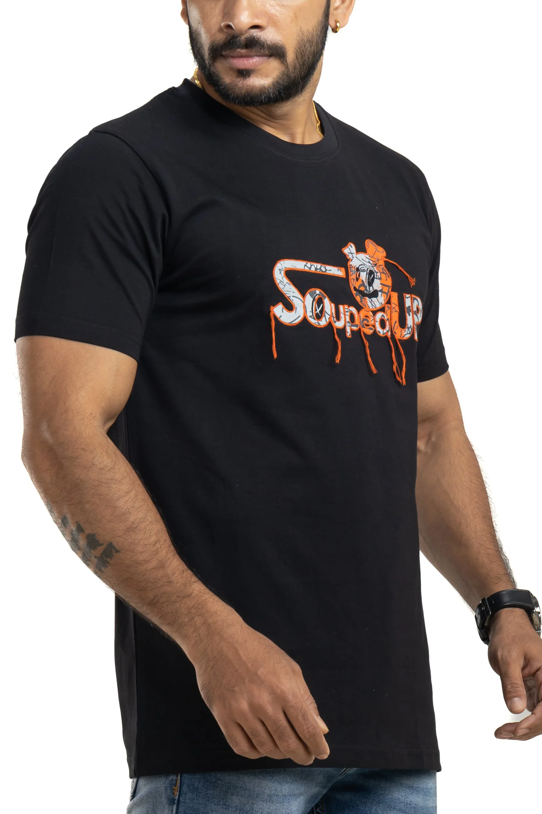 Souped Up Jet Black Printed & Embroidered T-Shirt - Image 7