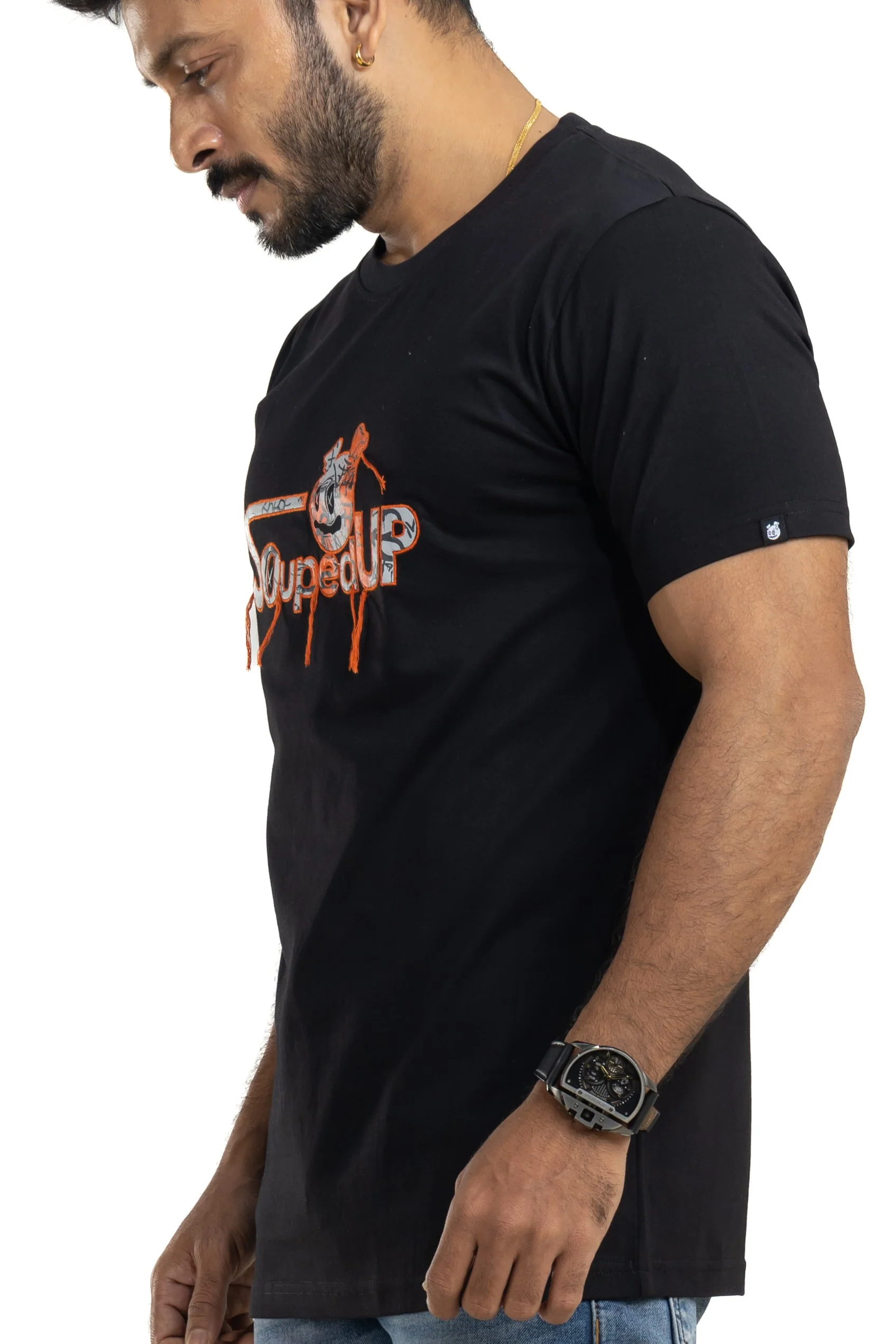 Souped Up Jet Black Printed & Embroidered T-Shirt - Image 8