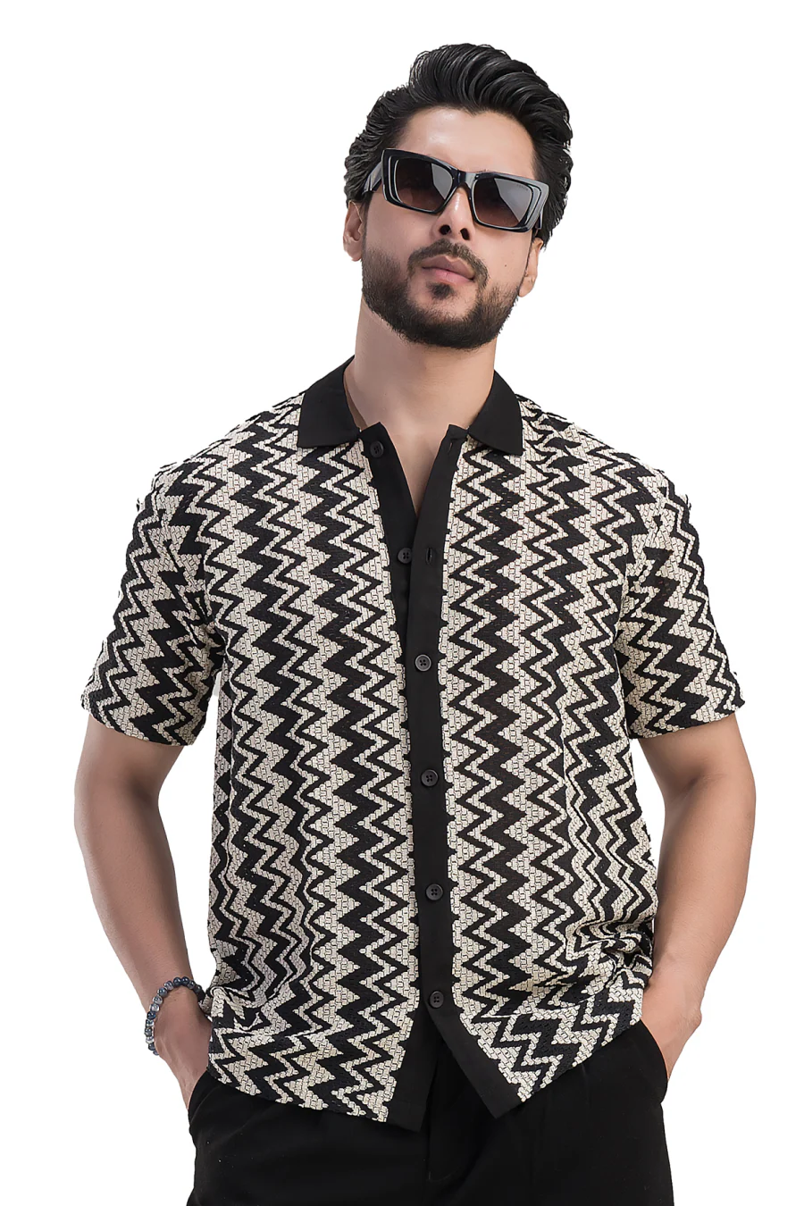 Summit White & Black Zig Zag Cotton Jacquard Half Shirt - Image 4
