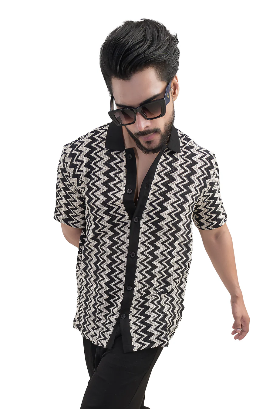 Summit White & Black Zig Zag Cotton Jacquard Half Shirt - Image 5