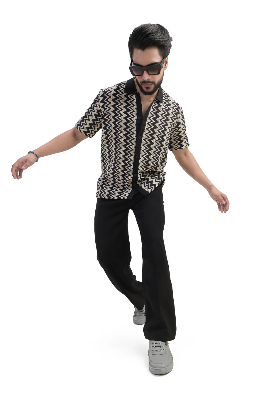 Summit White & Black Zig Zag Cotton Jacquard Half Shirt - Image 6