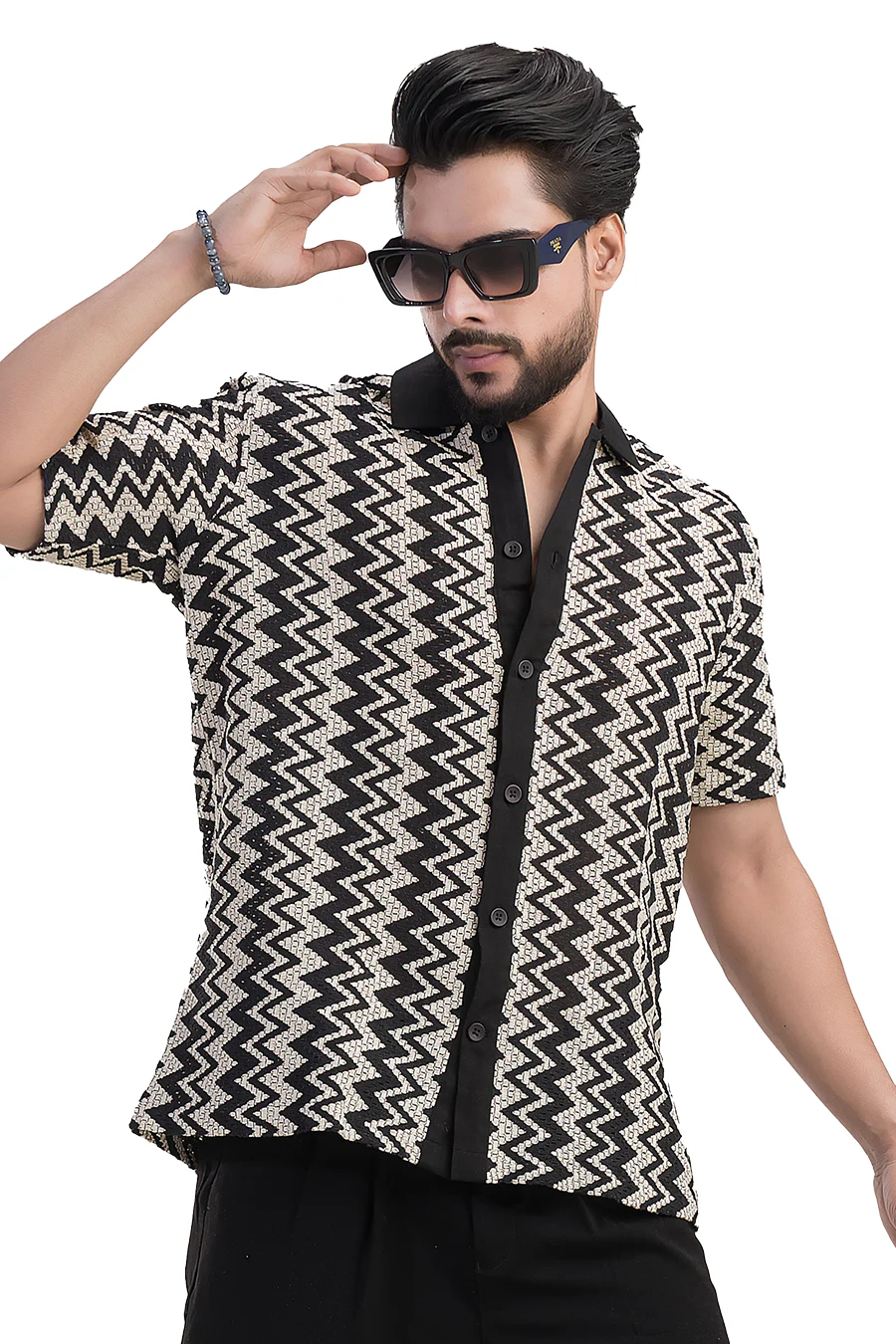 Summit White & Black Zig Zag Cotton Jacquard Half Shirt - Image 7