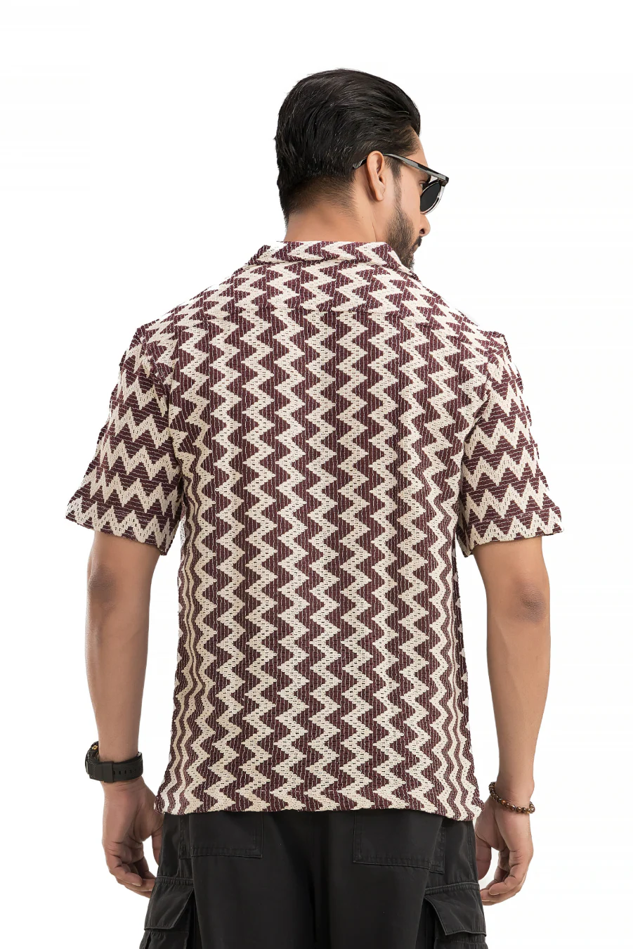 Zigzag Flair Maroon Cuban Collar Cotton Jacquard Shirt - Image 3