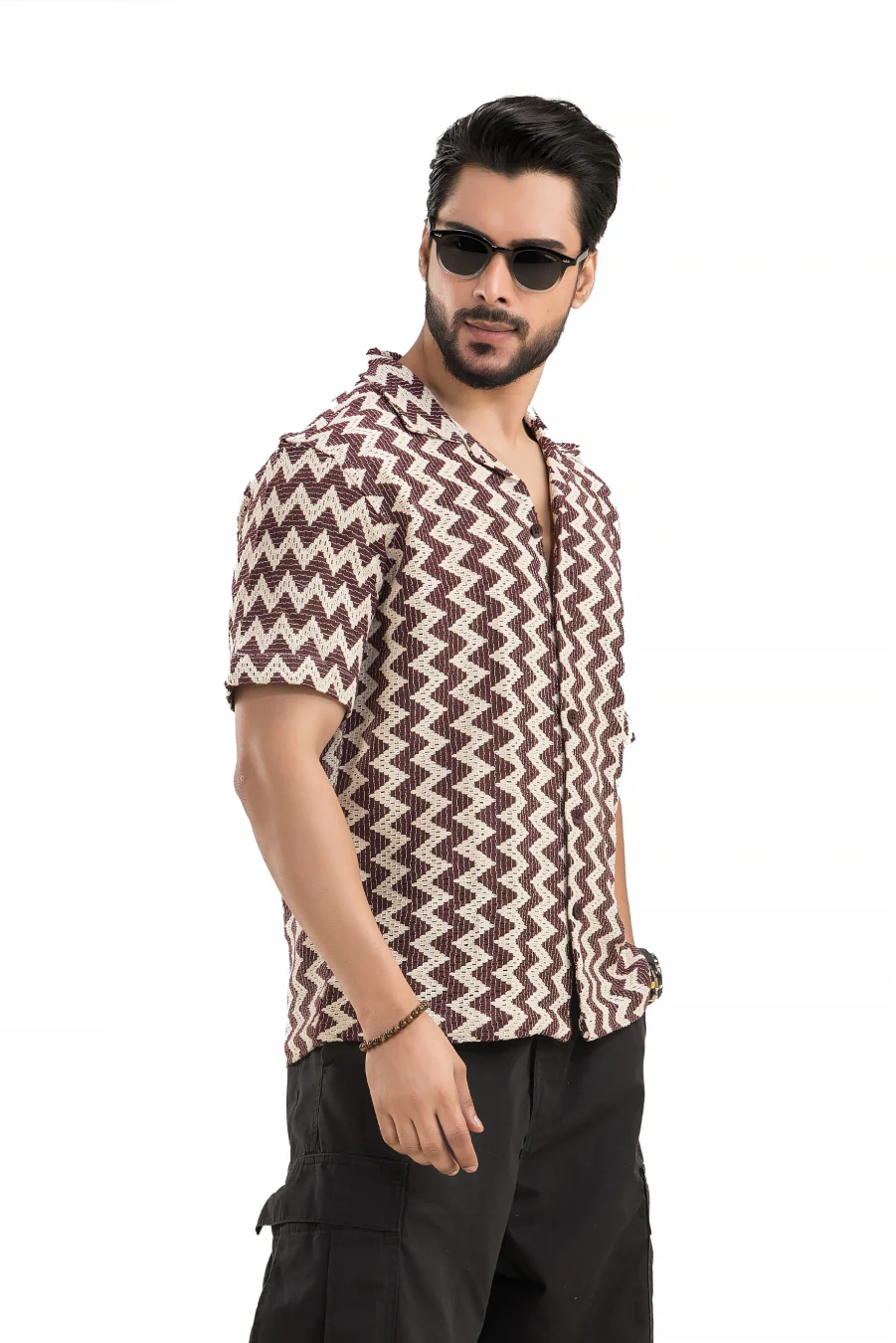 Zigzag Flair Maroon Cuban Collar Cotton Jacquard Shirt - Image 4