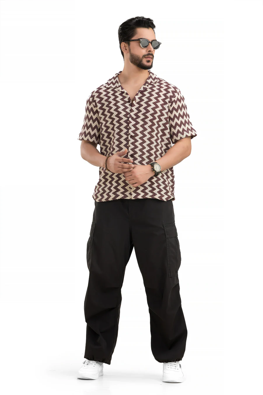 Zigzag Flair Maroon Cuban Collar Cotton Jacquard Shirt - Image 5