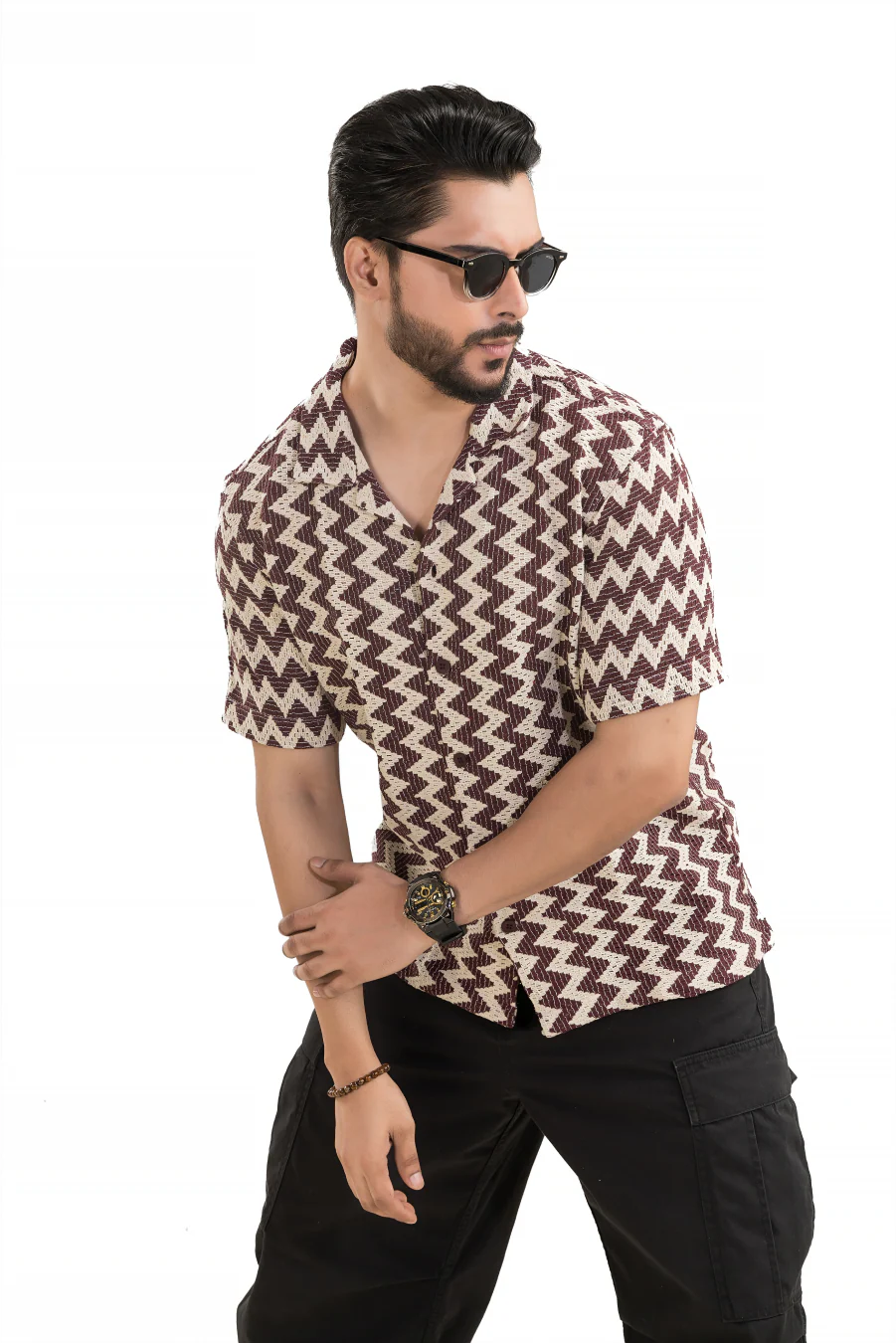 Zigzag Flair Maroon Cuban Collar Cotton Jacquard Shirt - Image 6